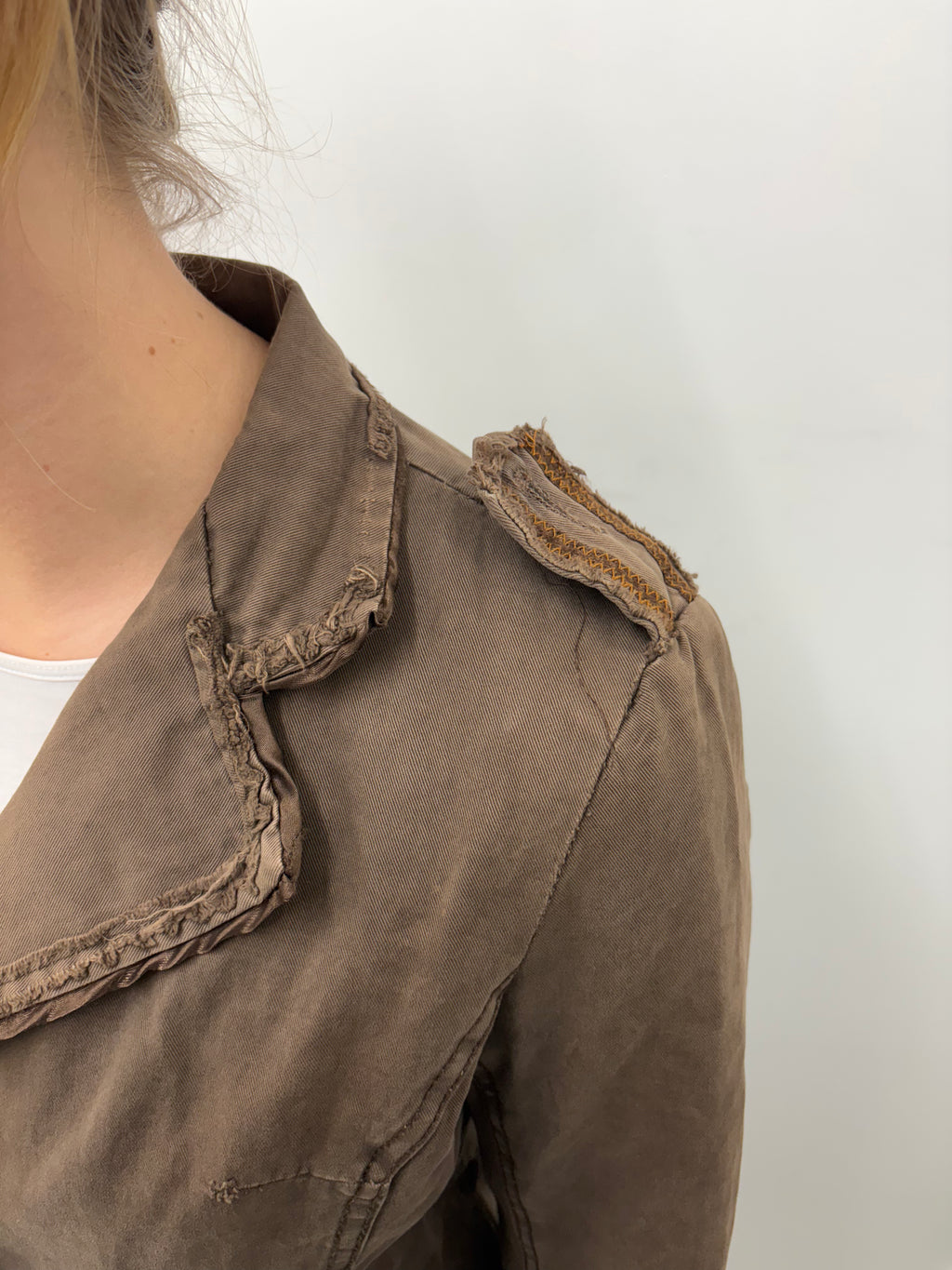 Khaki Military Blazer Frayed Ruffle Trim Detail