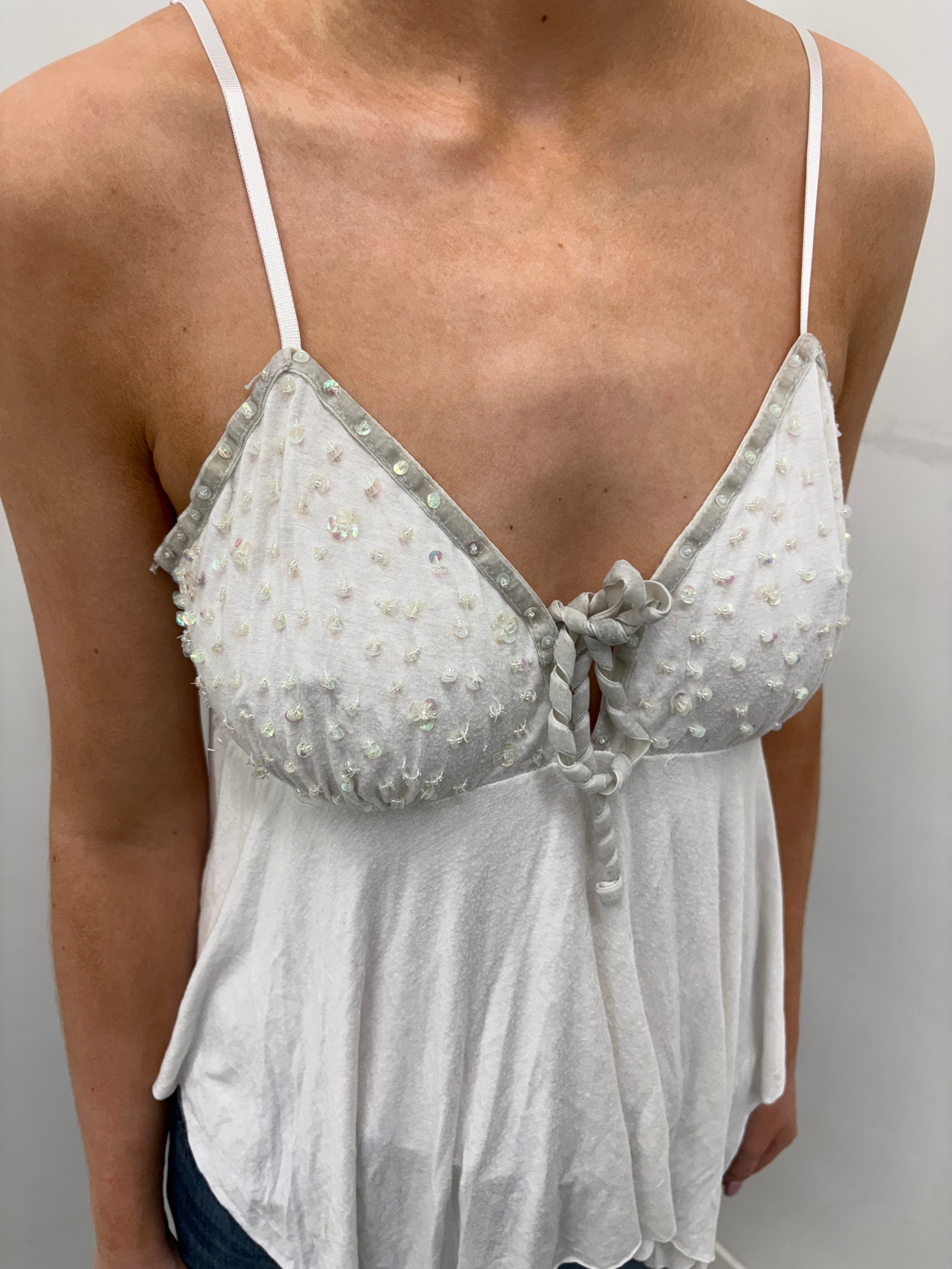 Y2K White Beaded Babydoll Top