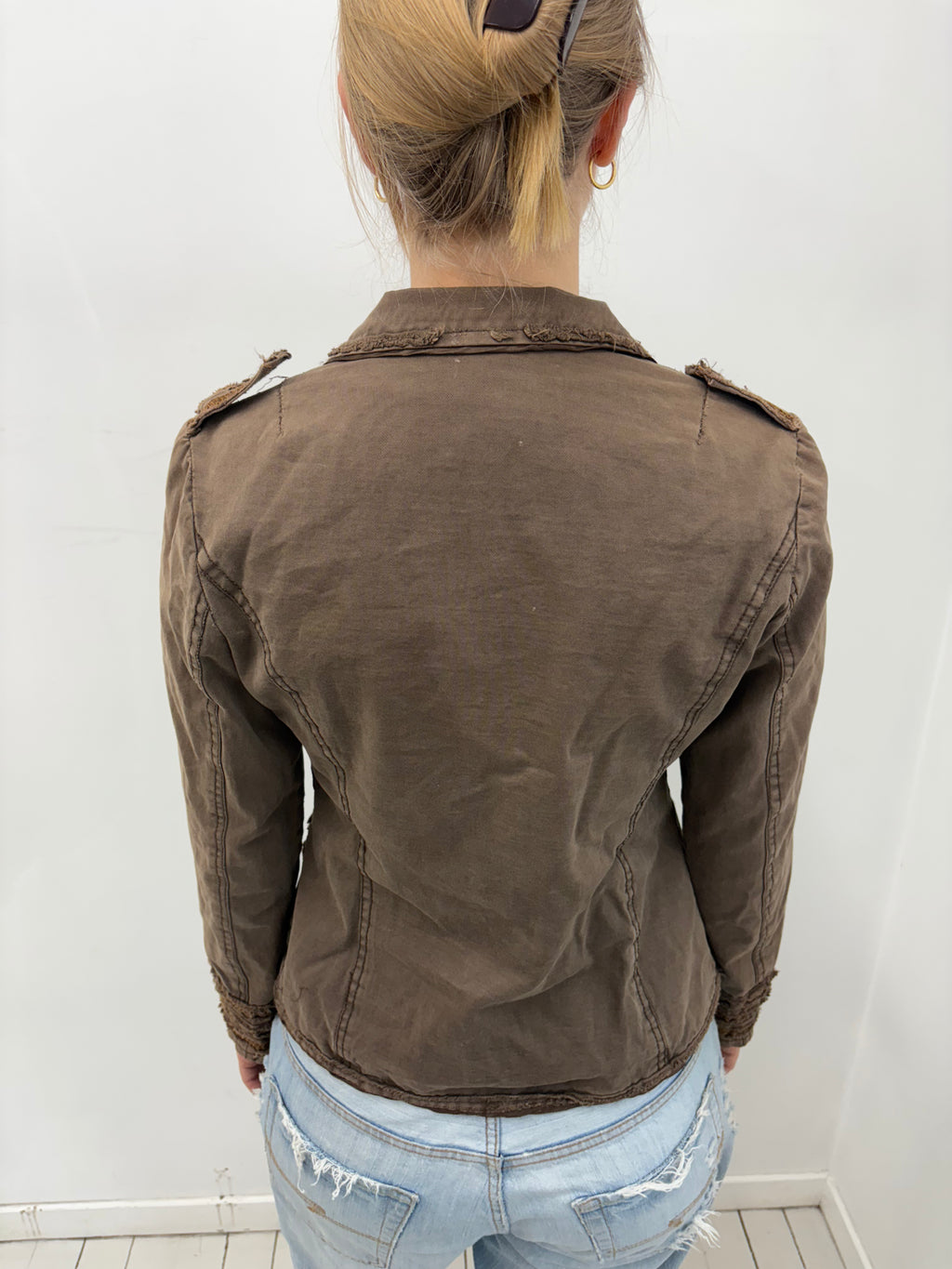 Khaki Military Blazer Frayed Ruffle Trim Detail