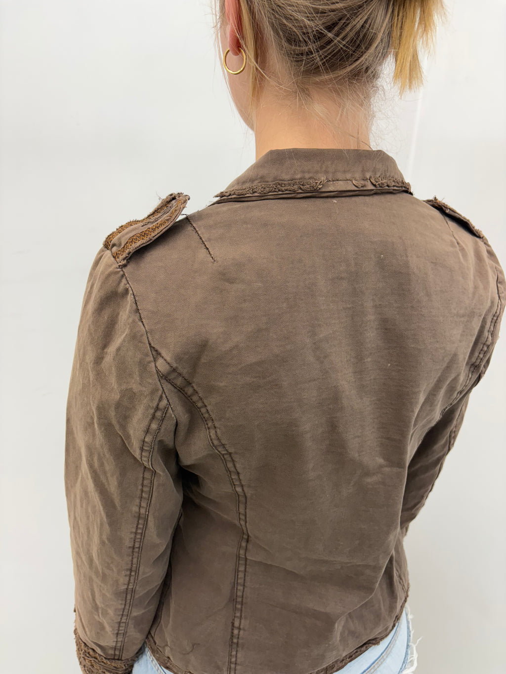Khaki Military Blazer Frayed Ruffle Trim Detail