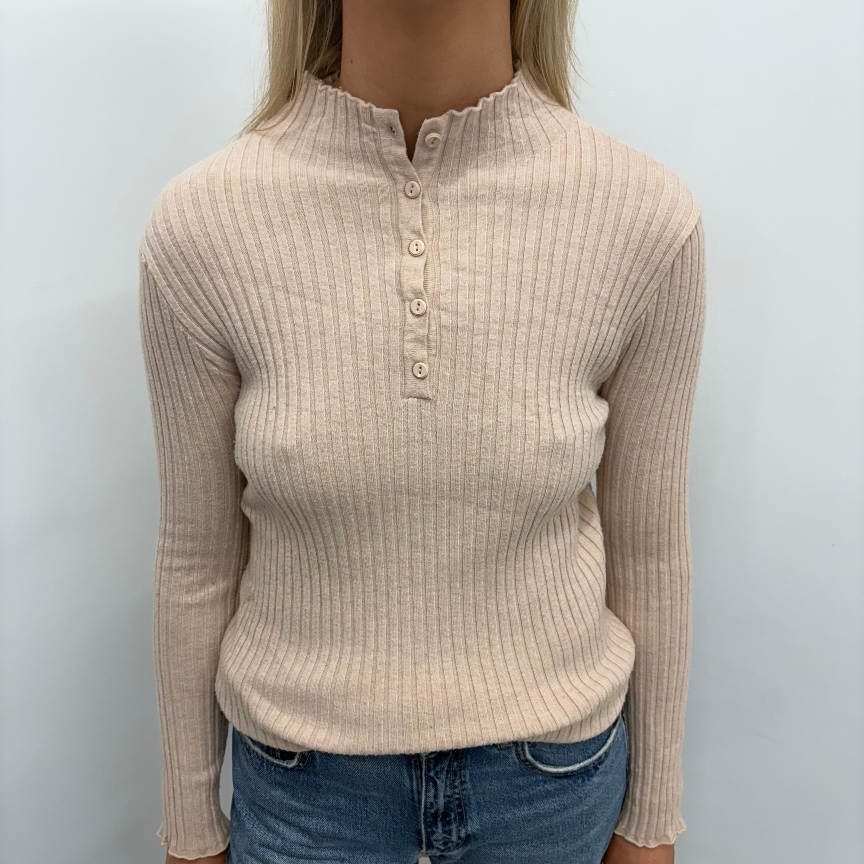 Beige Ribbed Henley Knit
