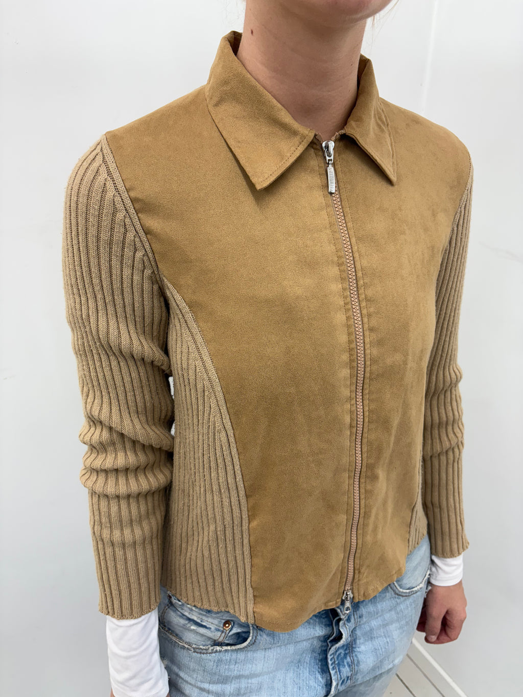 Camel Suede-Front Ribbed Knit Sleeve Zip Jacket