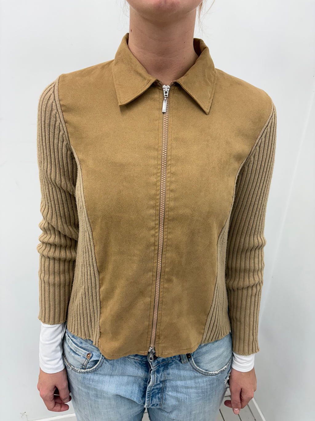 Camel Suede-Front Ribbed Knit Sleeve Zip Jacket