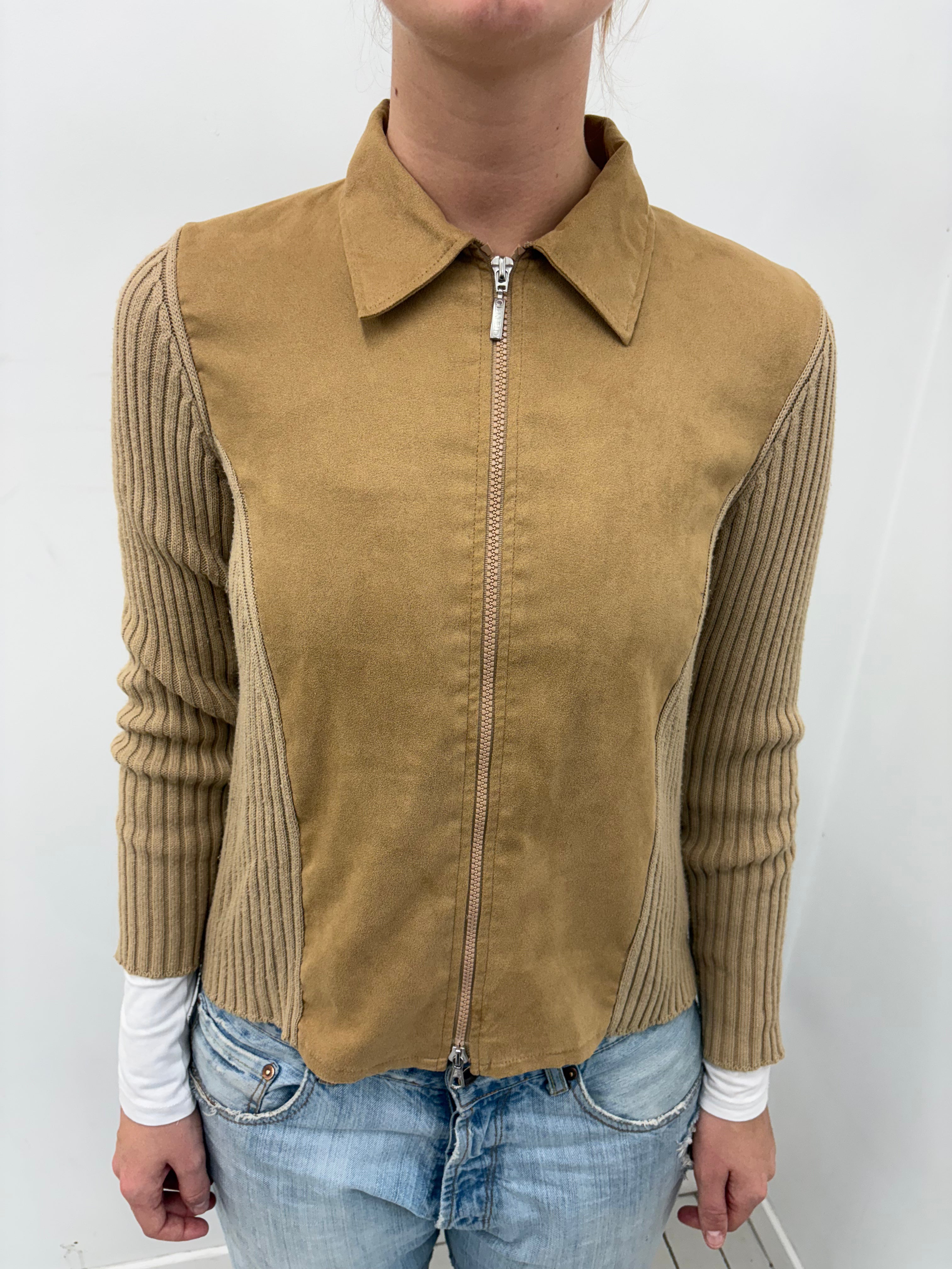 Camel Suede-Front Ribbed Knit Sleeve Zip Jacket