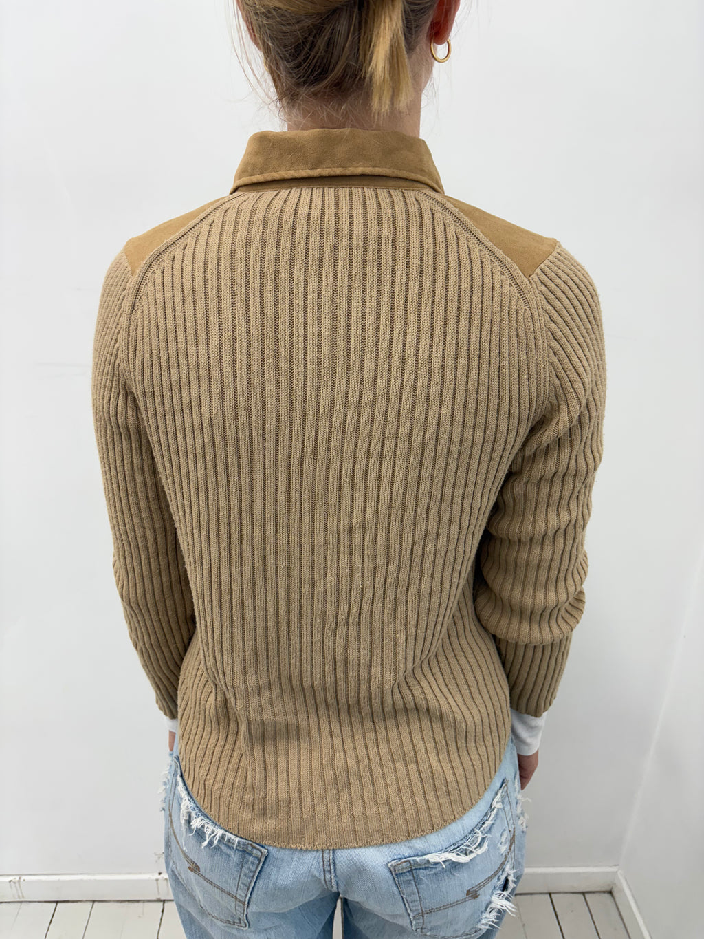 Camel Suede-Front Ribbed Knit Sleeve Zip Jacket