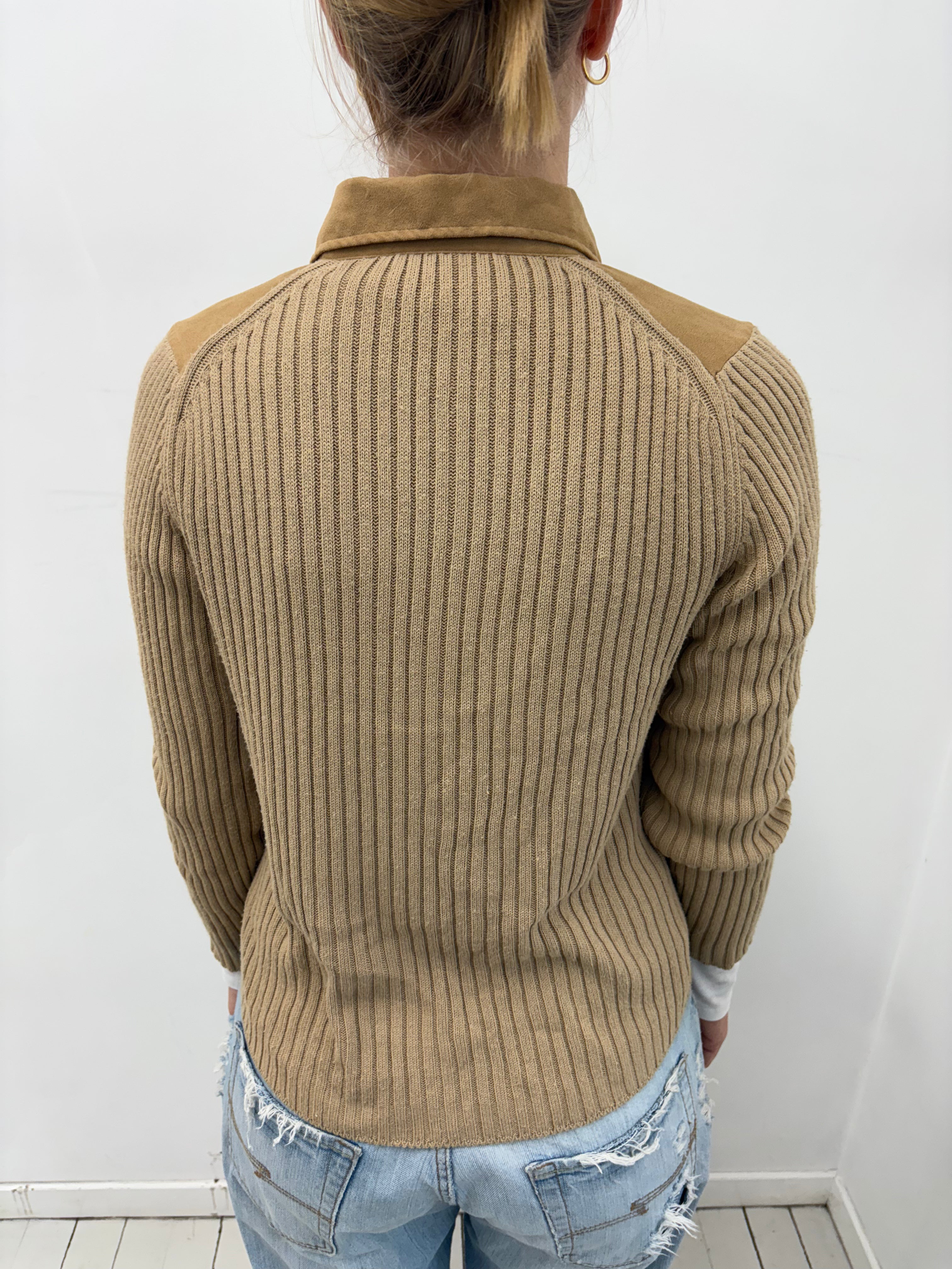 Camel Suede-Front Ribbed Knit Sleeve Zip Jacket
