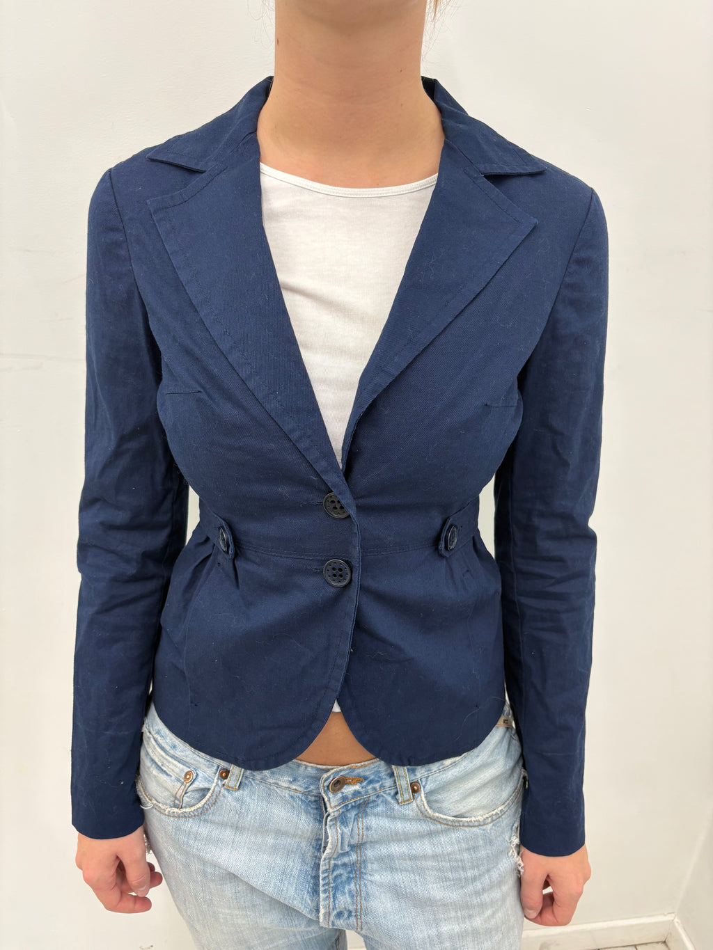 Navy Blue Cotton Fitted Blazer Button Waist Detail