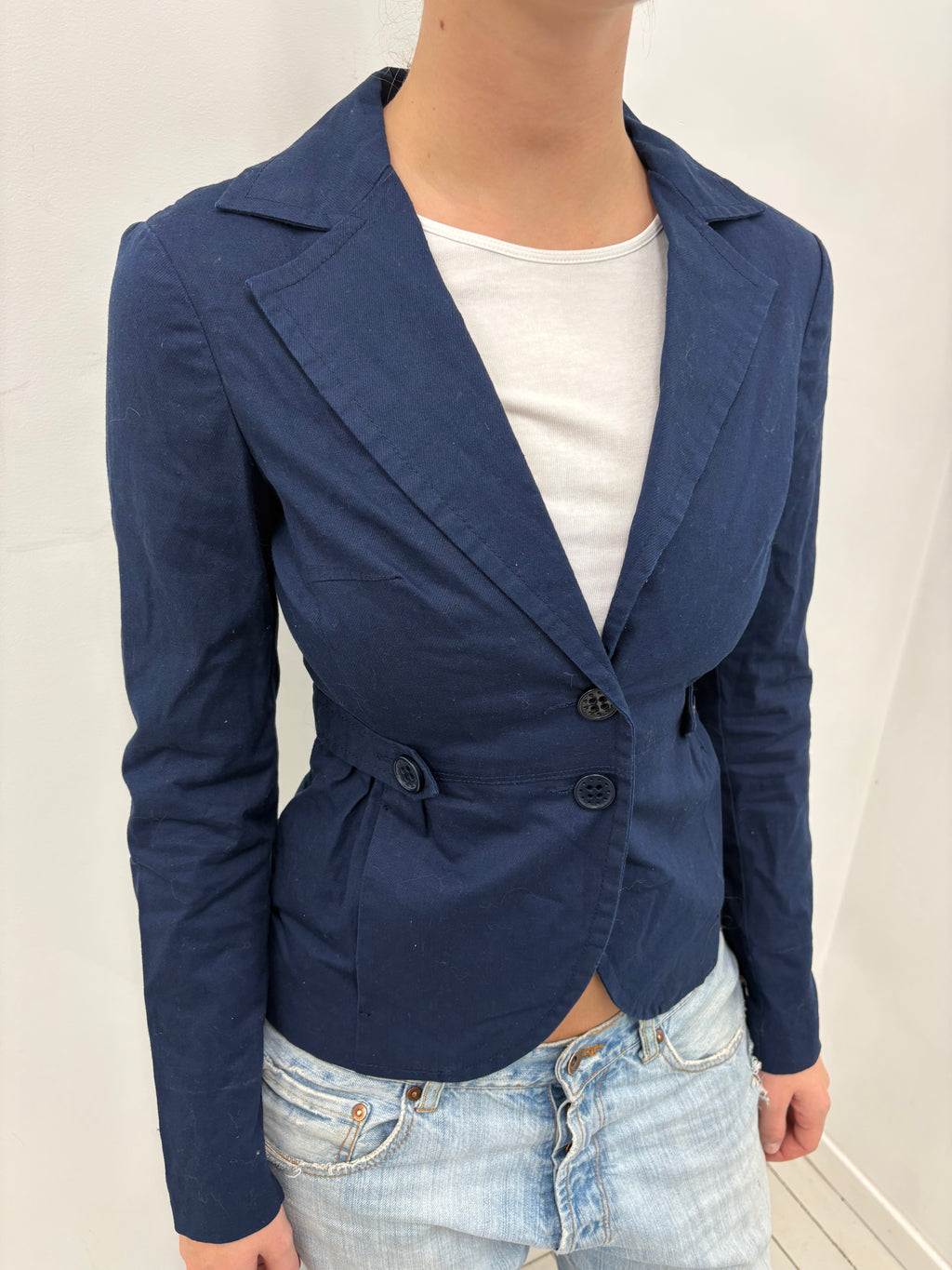 Navy Blue Cotton Fitted Blazer Button Waist Detail
