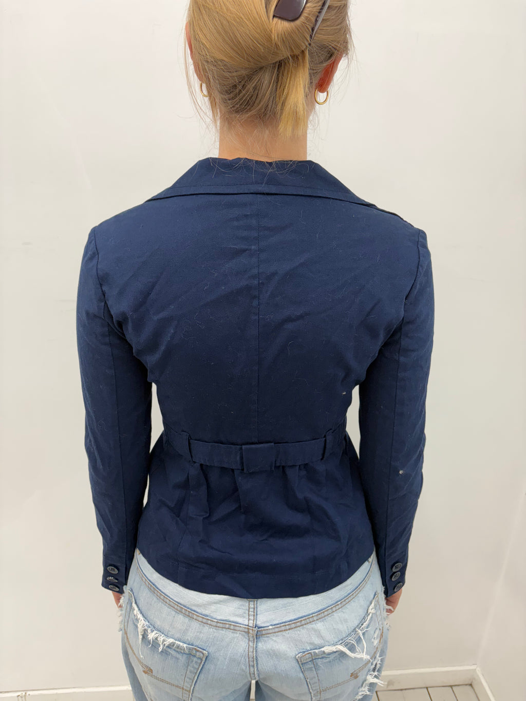 Navy Blue Cotton Fitted Blazer Button Waist Detail
