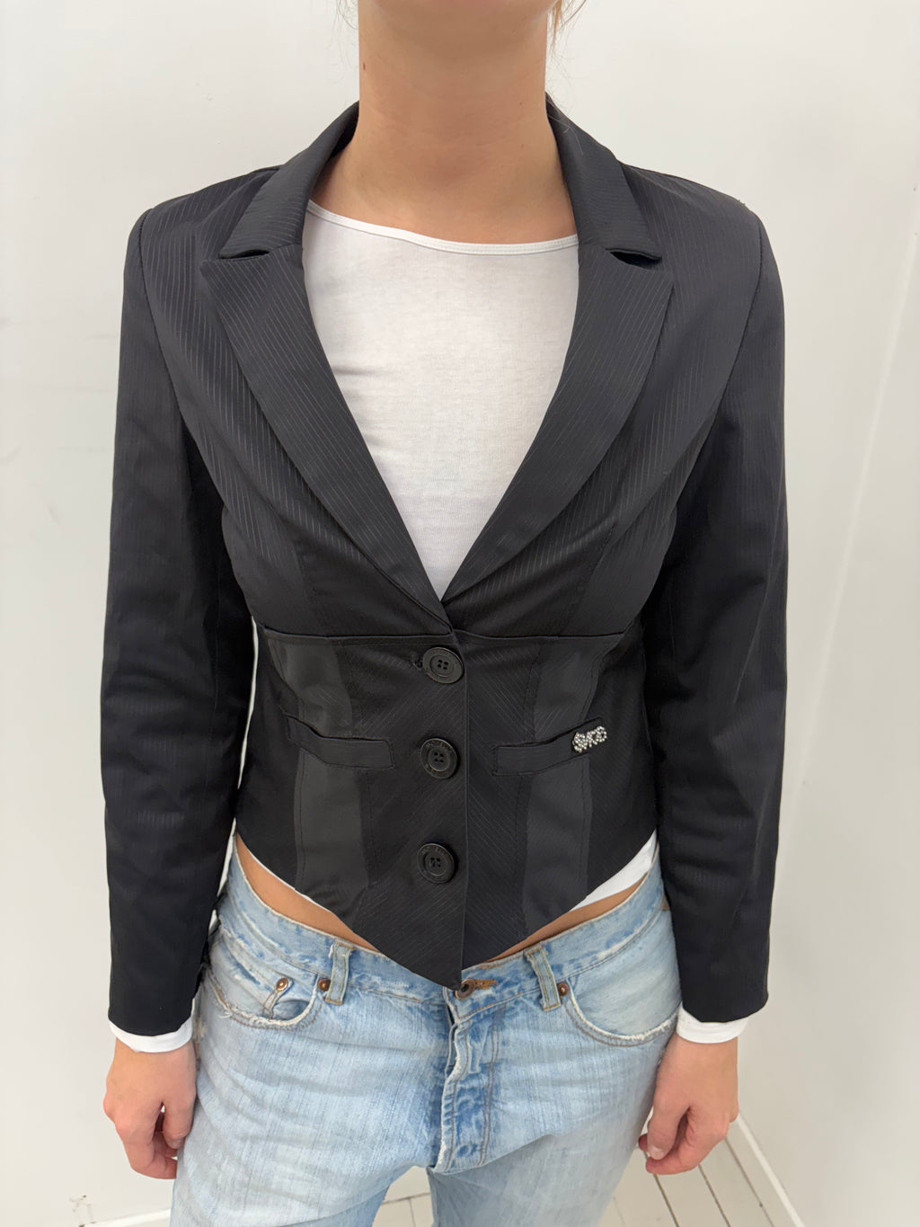 Black Tonal Stripe Blazer Rhinestone Brooch Detail