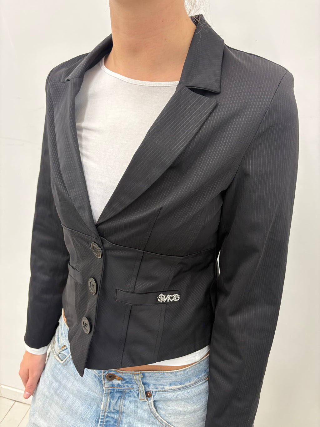 Black Tonal Stripe Blazer Rhinestone Brooch Detail
