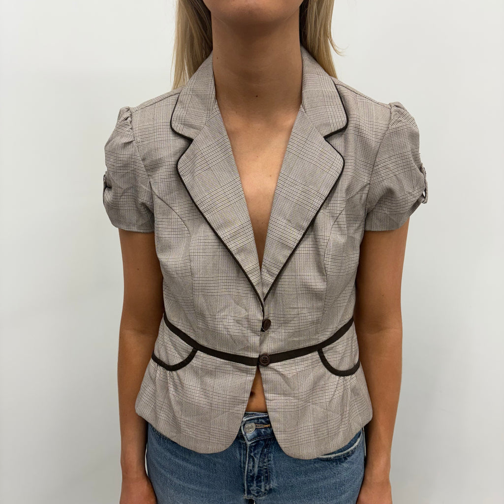 Plaid Fitted Blazer with Puff Sleeves