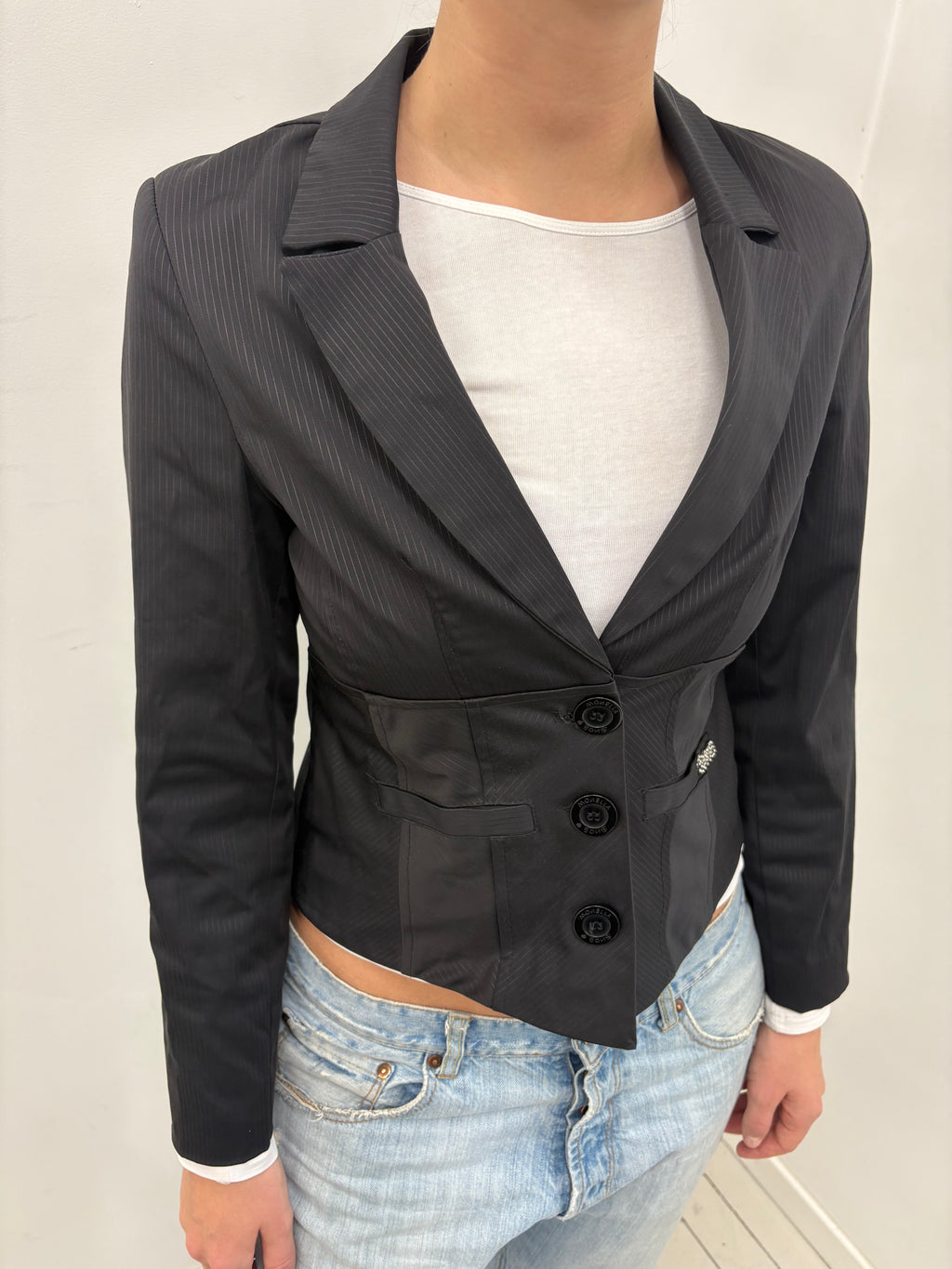 Black Tonal Stripe Blazer Rhinestone Brooch Detail