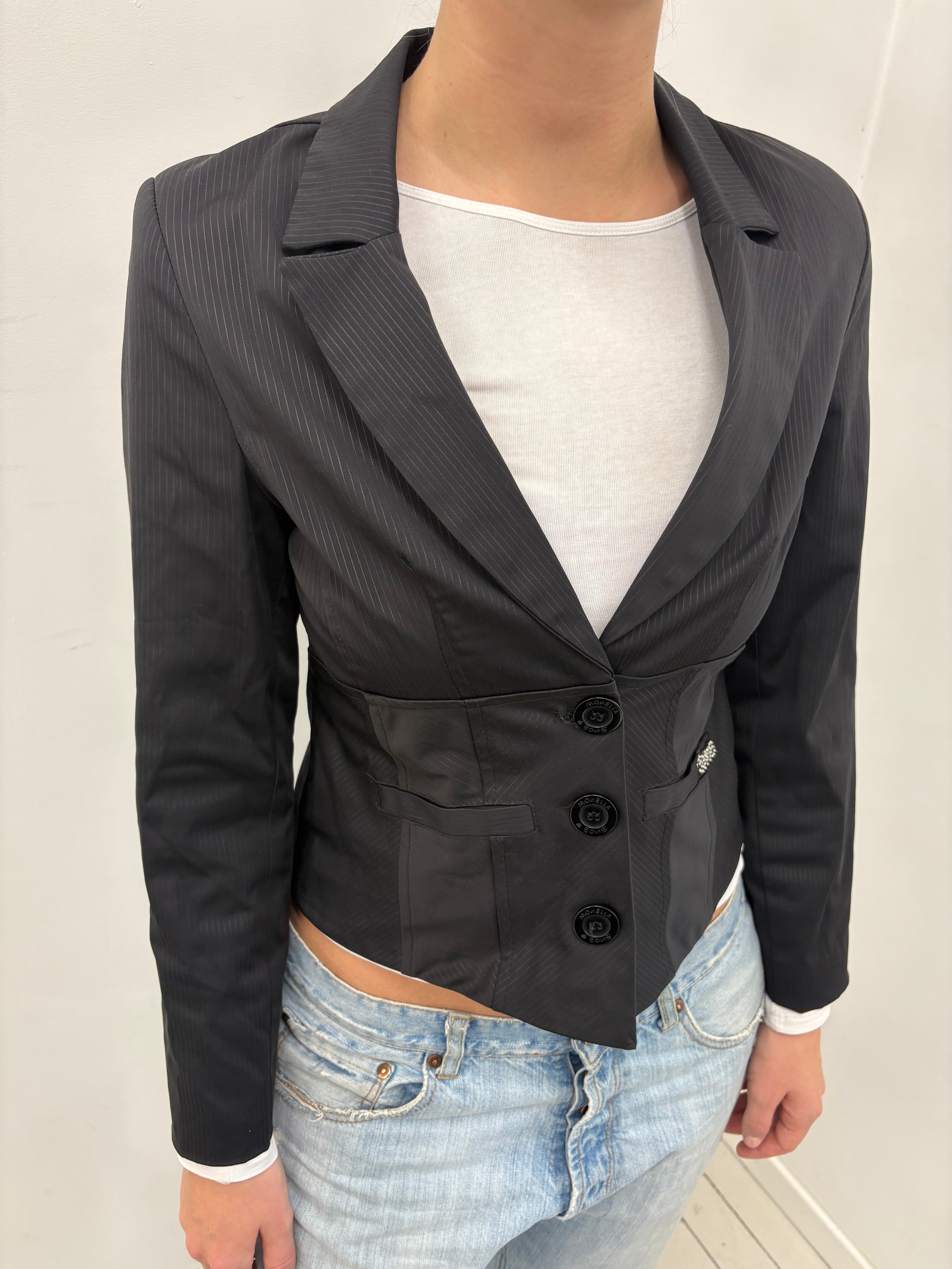 Black Tonal Stripe Blazer Rhinestone Brooch Detail