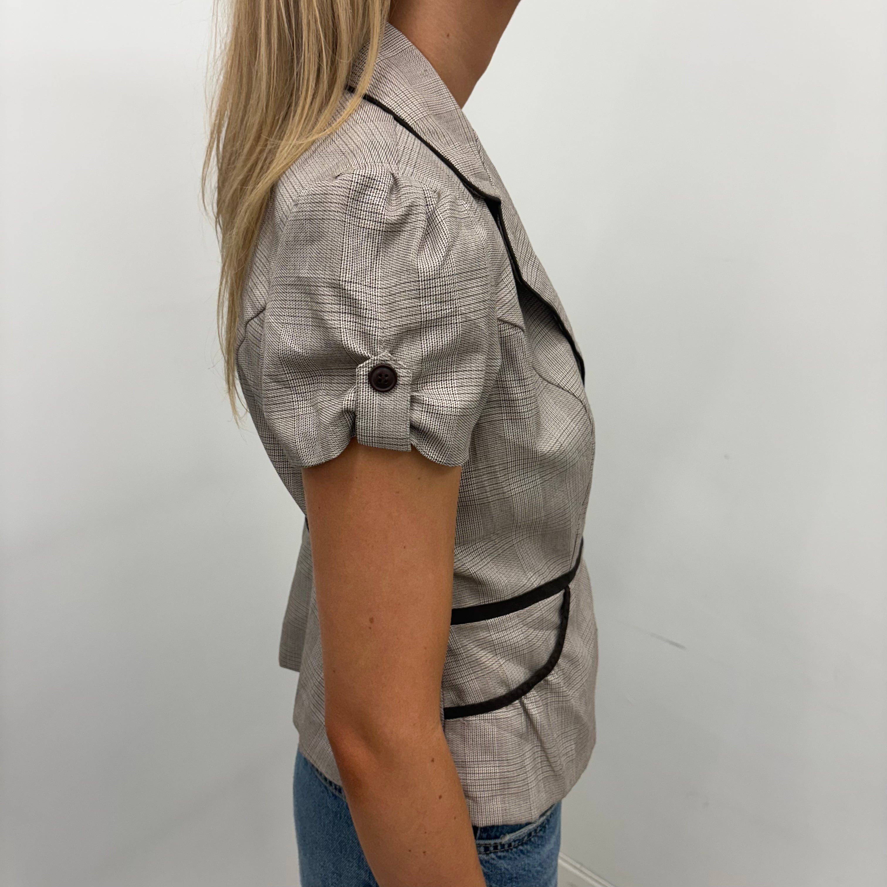 Plaid Fitted Blazer with Puff Sleeves