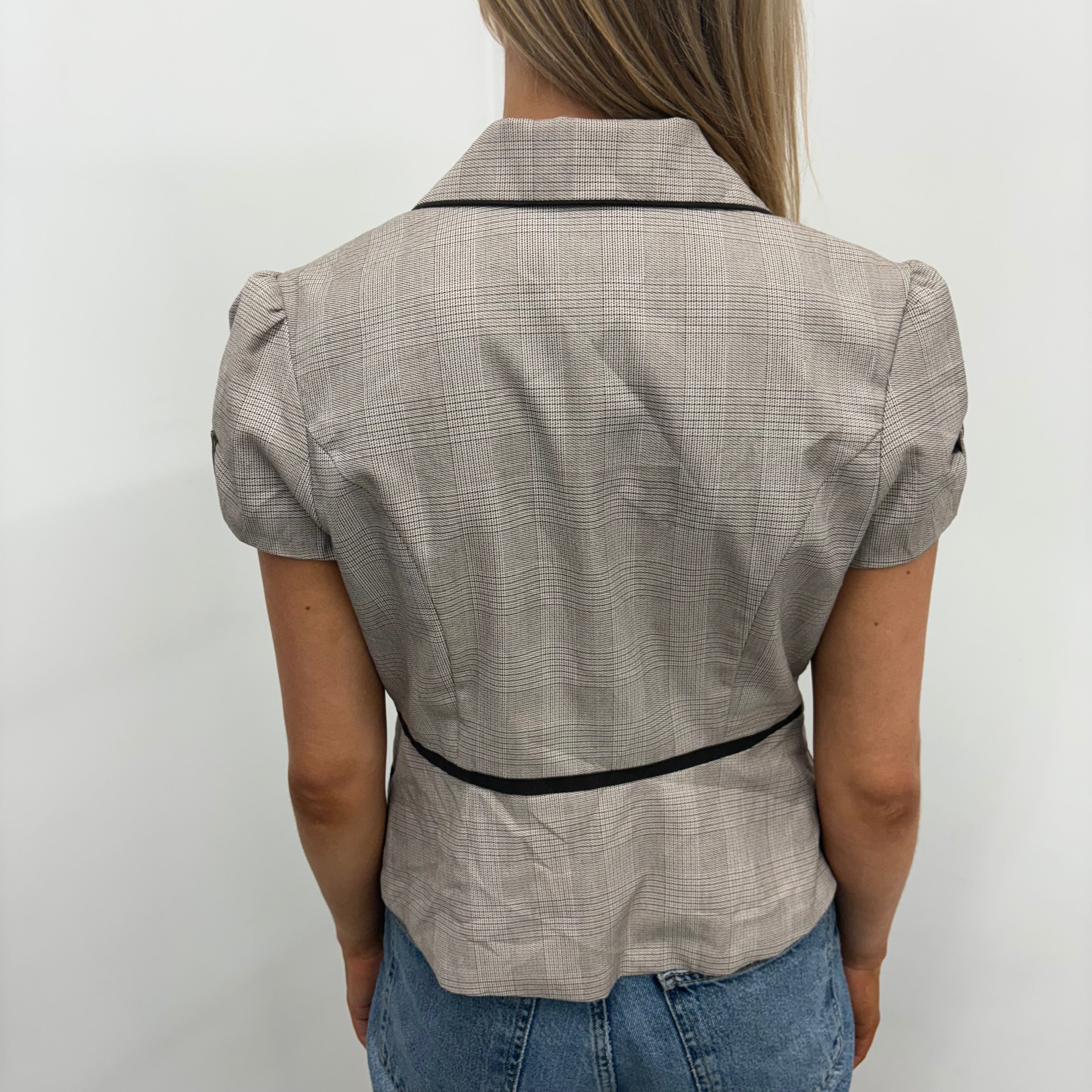 Plaid Fitted Blazer with Puff Sleeves