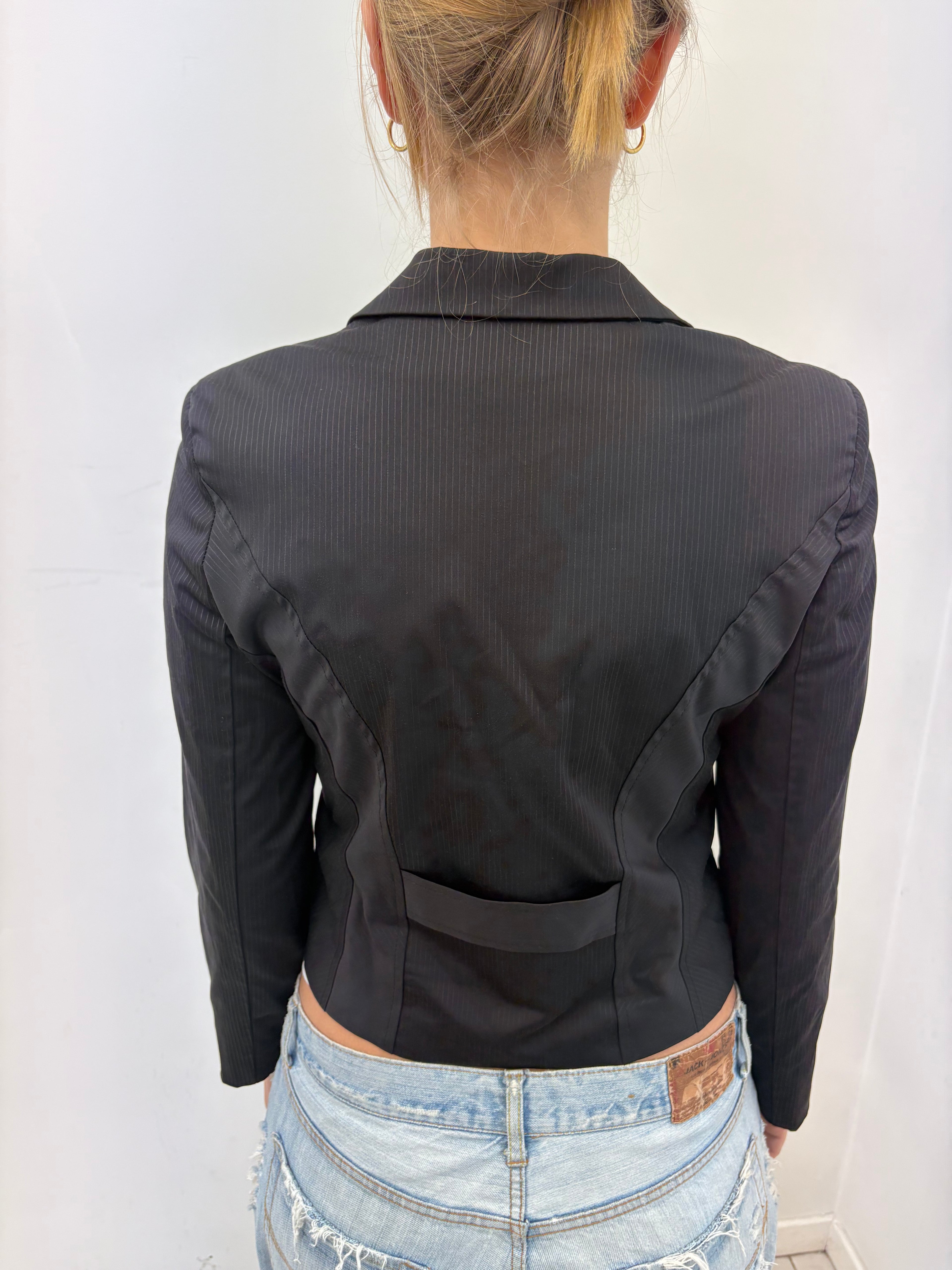 Black Tonal Stripe Blazer Rhinestone Brooch Detail