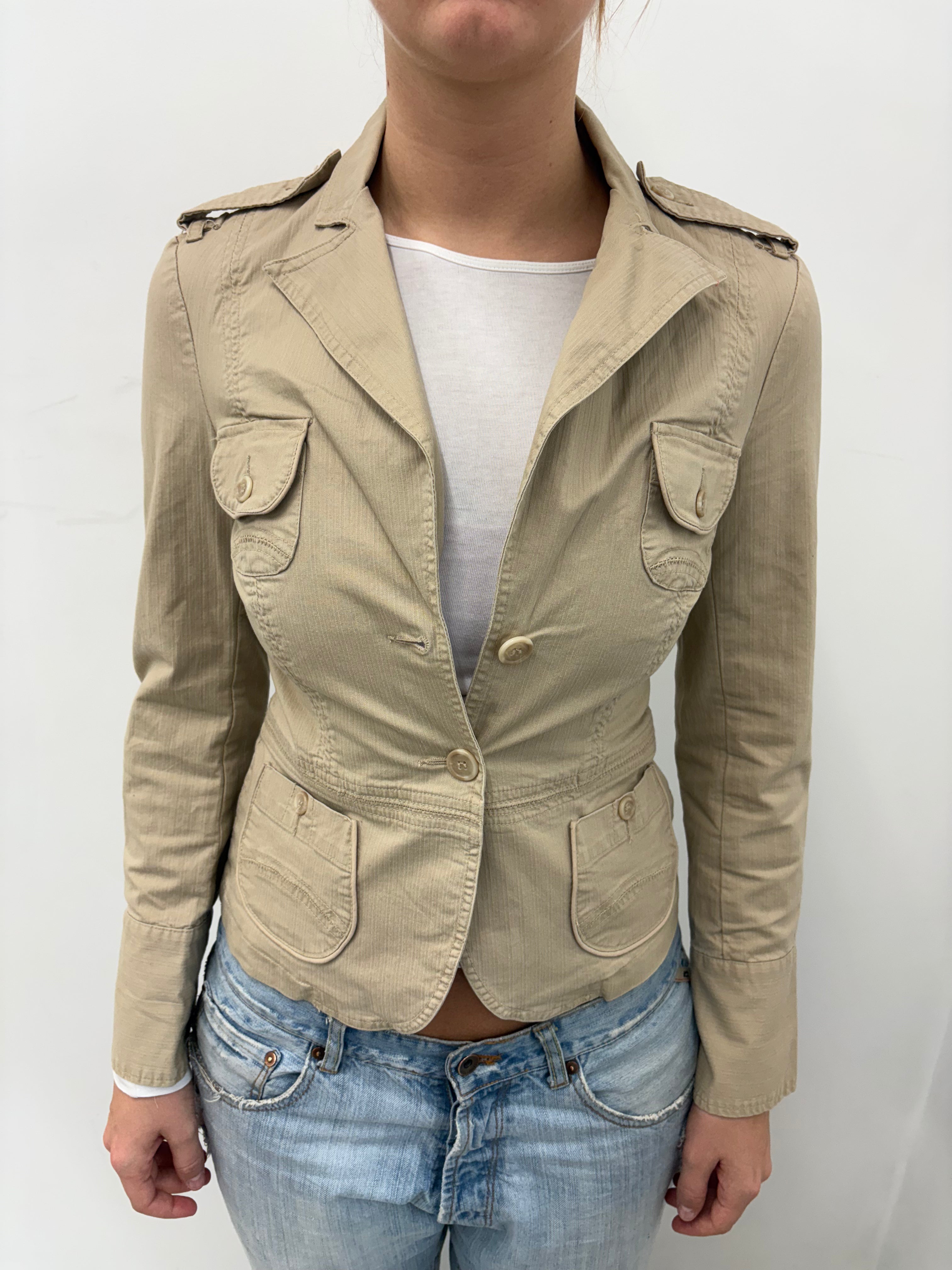 Beige Military Safari Fitted Blazer Four Pocket