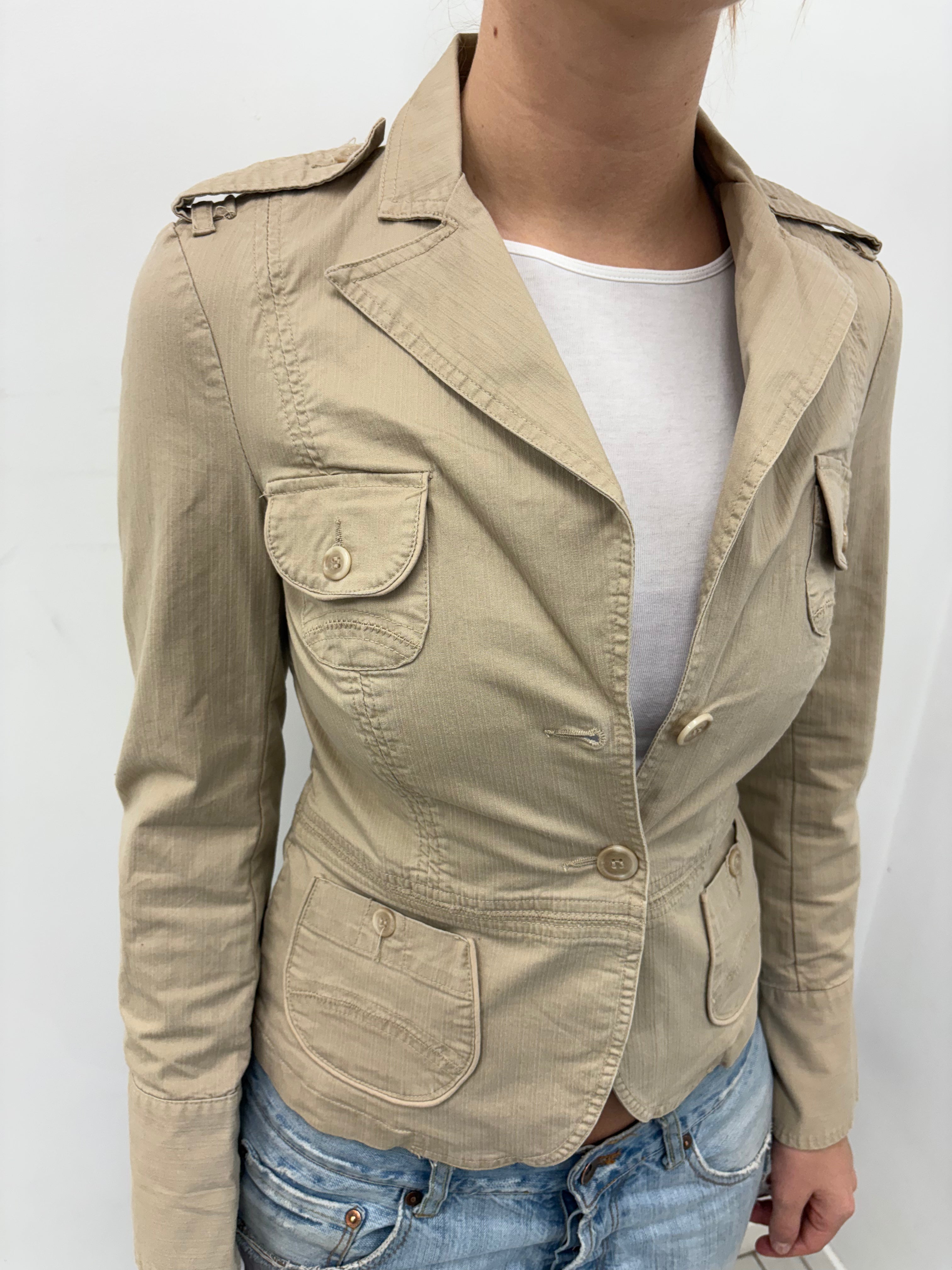 Beige Military Safari Fitted Blazer Four Pocket