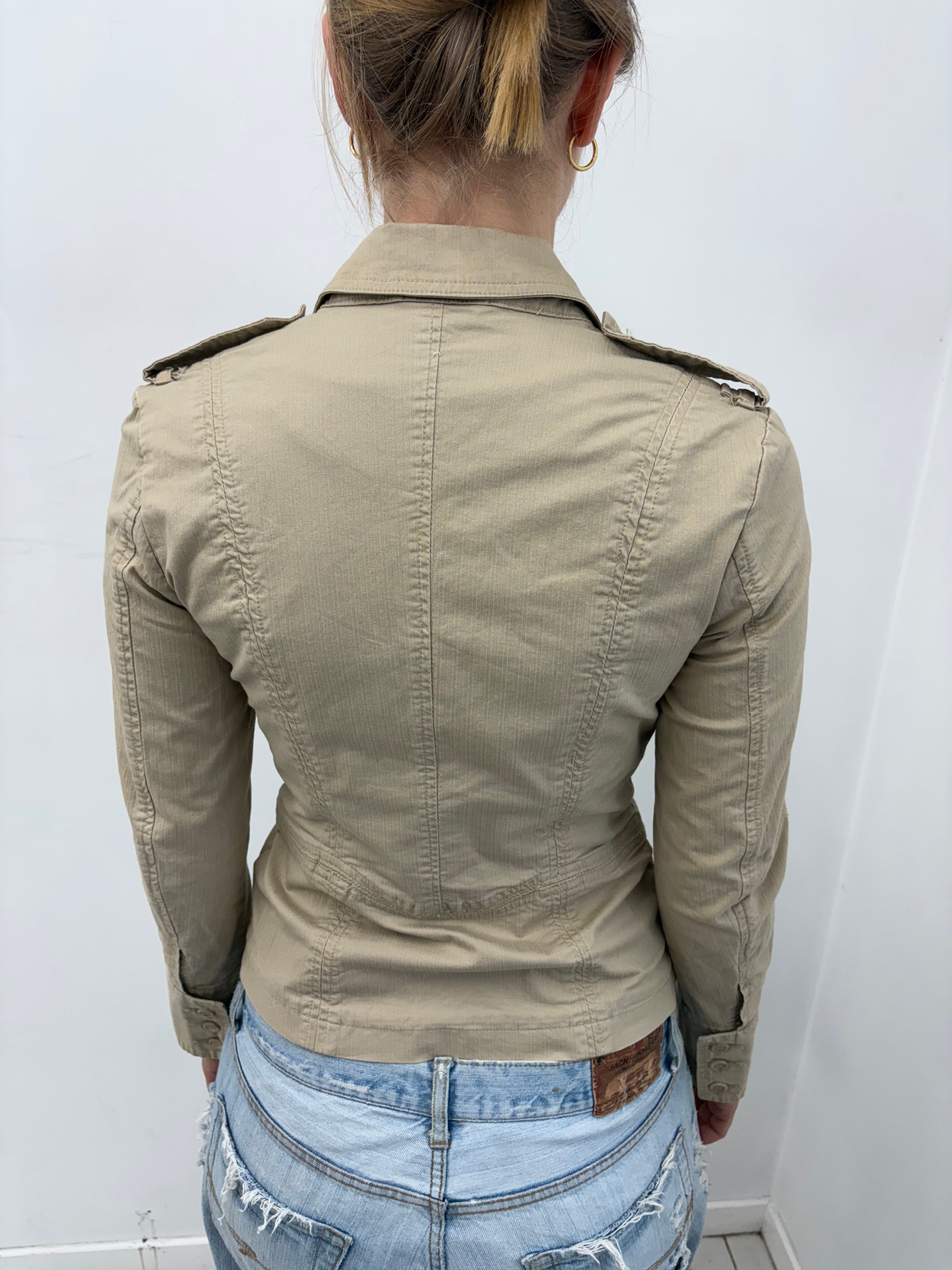 Beige Military Safari Fitted Blazer Four Pocket