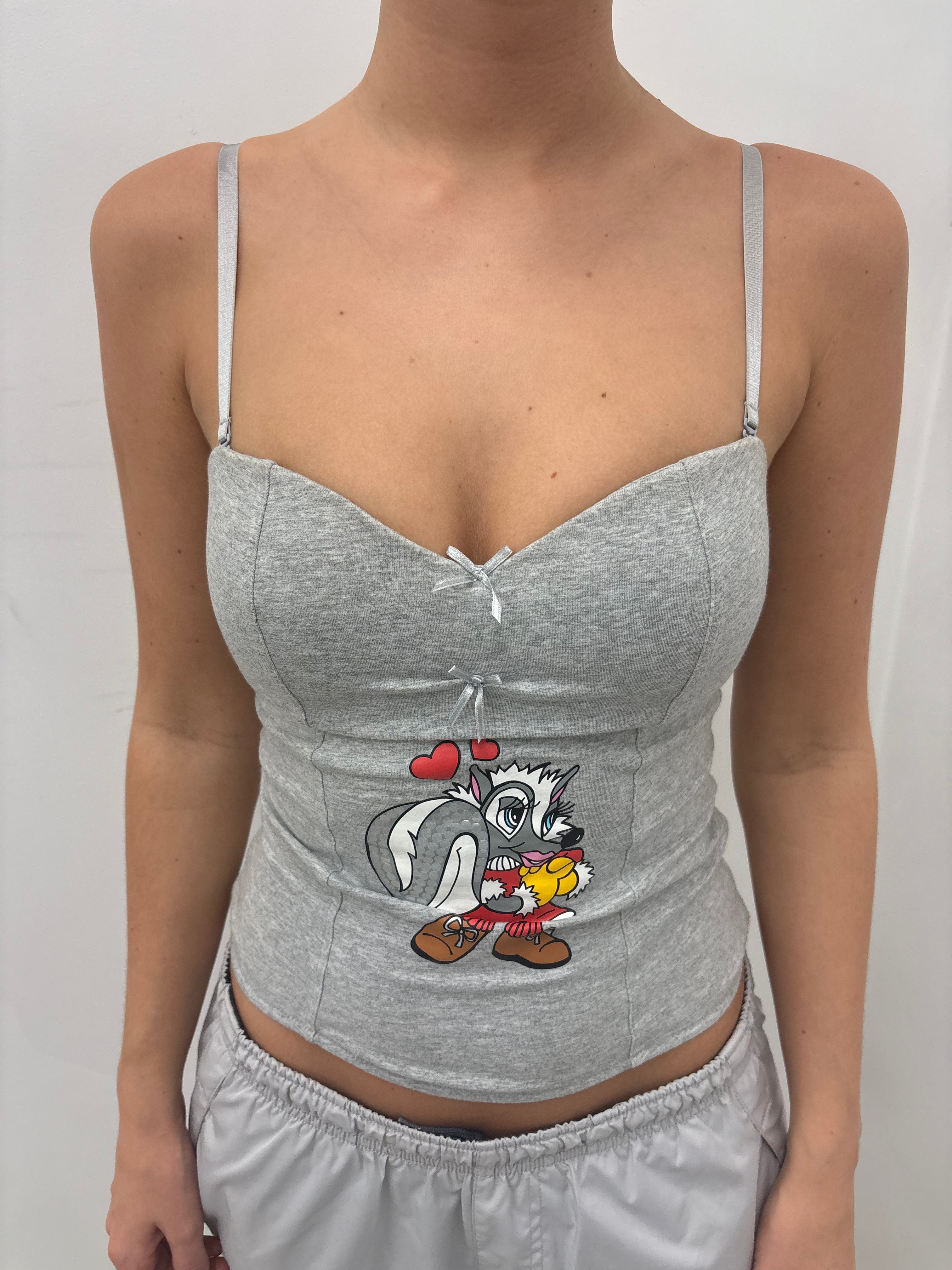 Grey Cartoon Print Fitted Cami Top