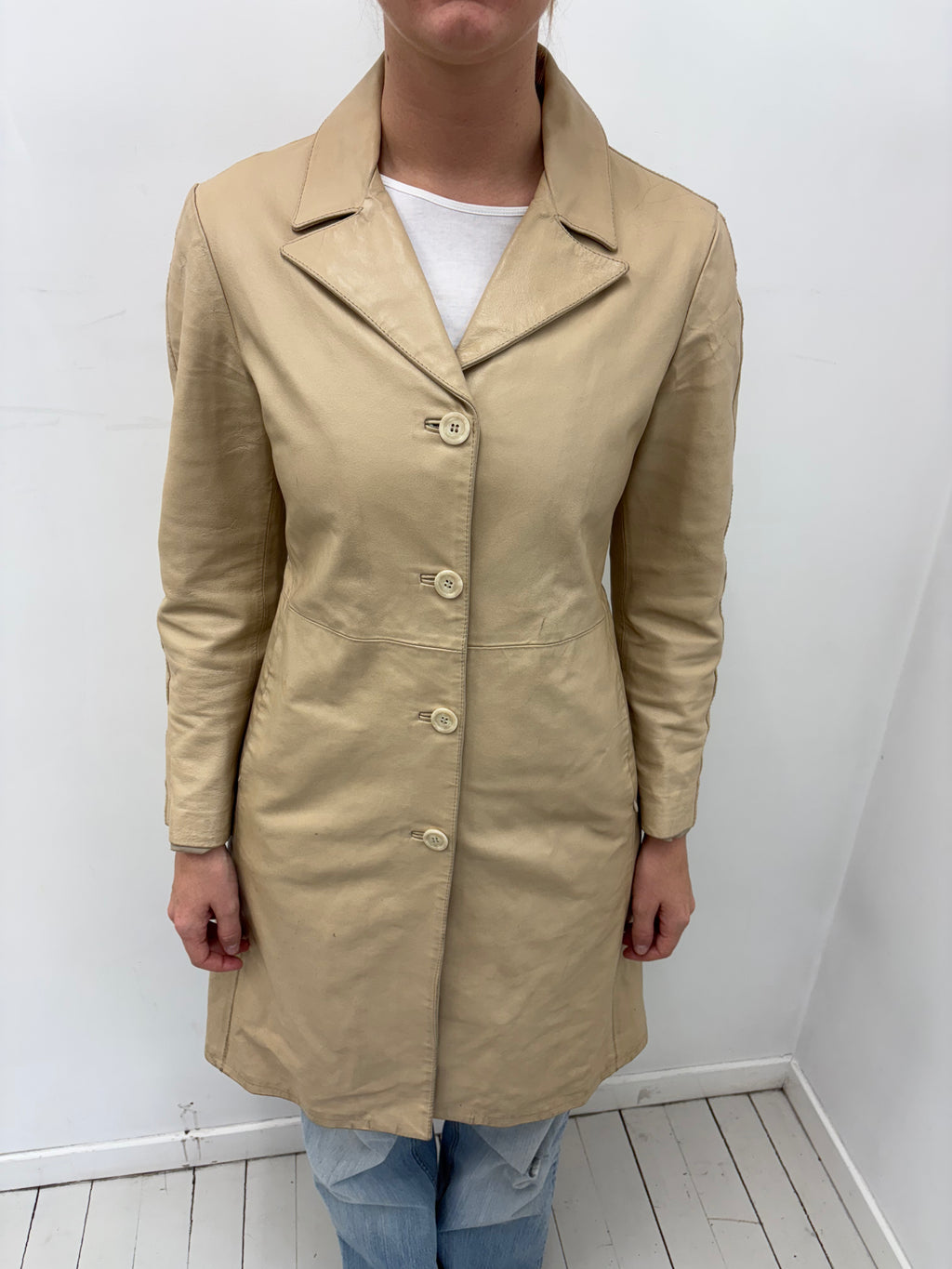 Cream Beige Mid-Length Leather Trench Coat Y2K