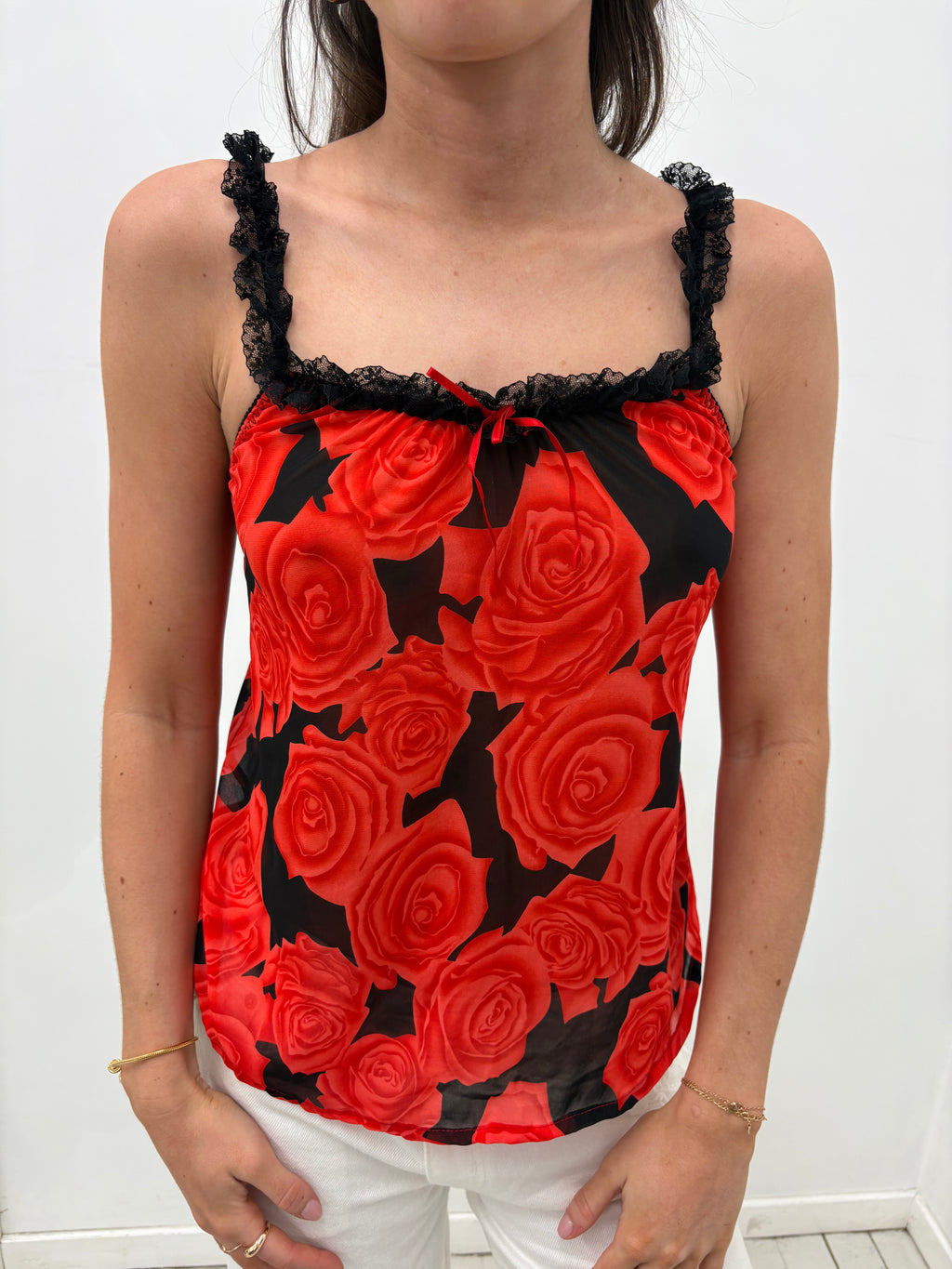 Red Rose Print Lace-Trim Y2K Camisole Top
