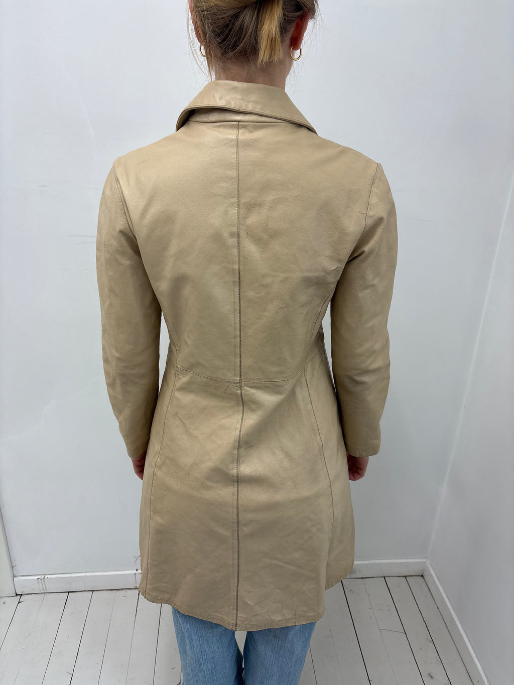 Cream Beige Mid-Length Leather Trench Coat Y2K