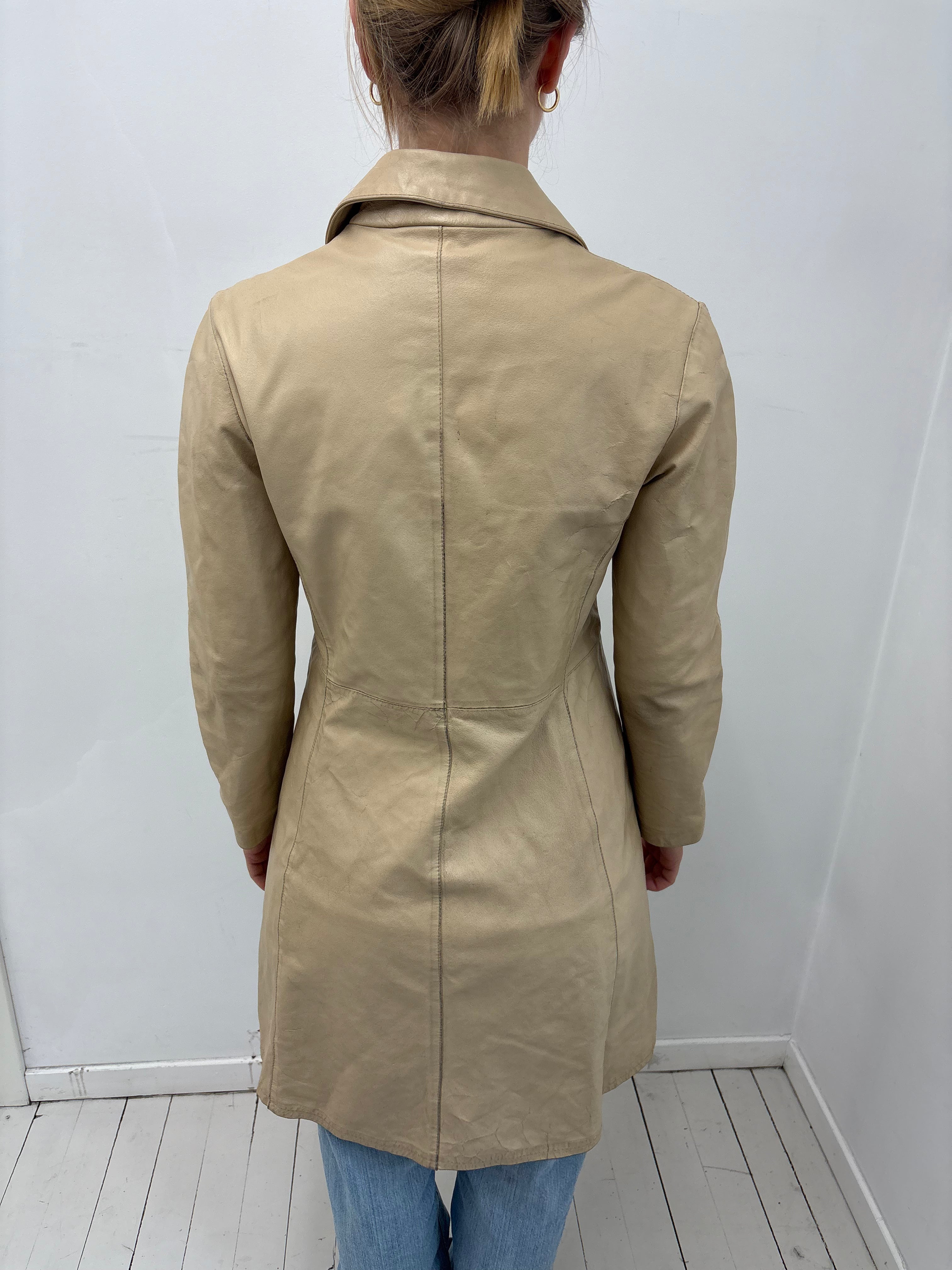 Cream Beige Mid-Length Leather Trench Coat Y2K