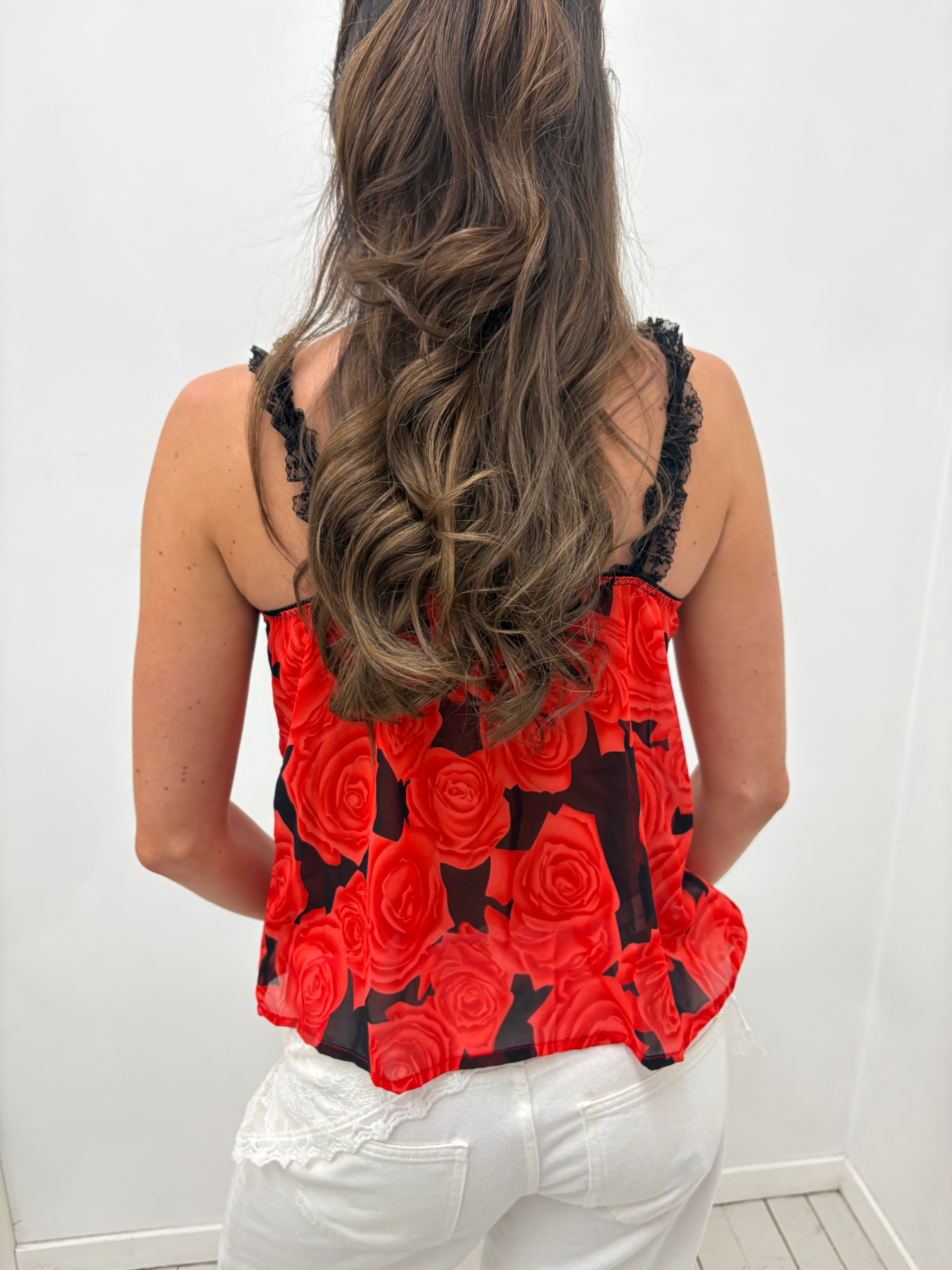 Red Rose Print Lace-Trim Y2K Camisole Top