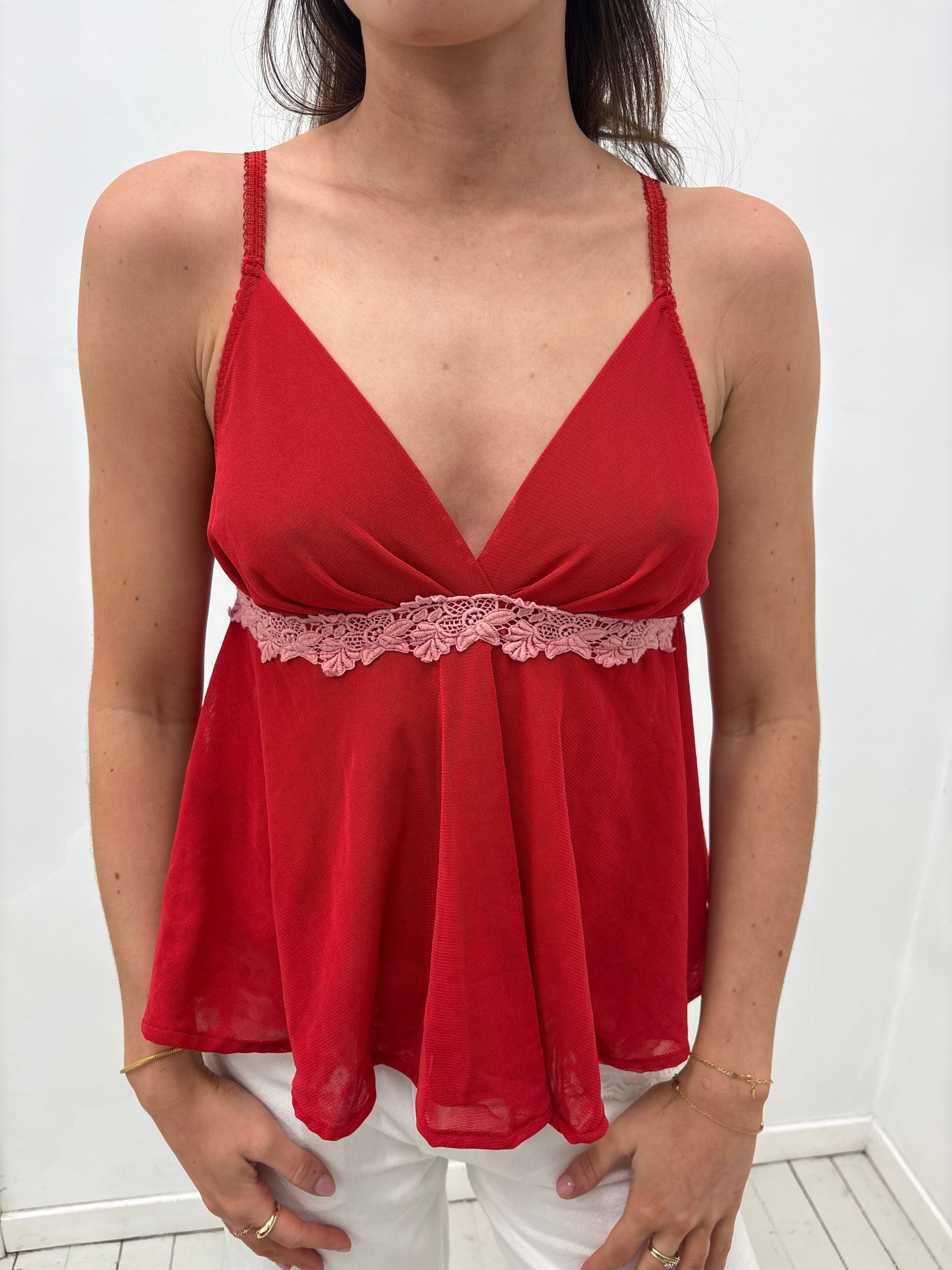 Red Lace-Trim Y2K Camisole Top
