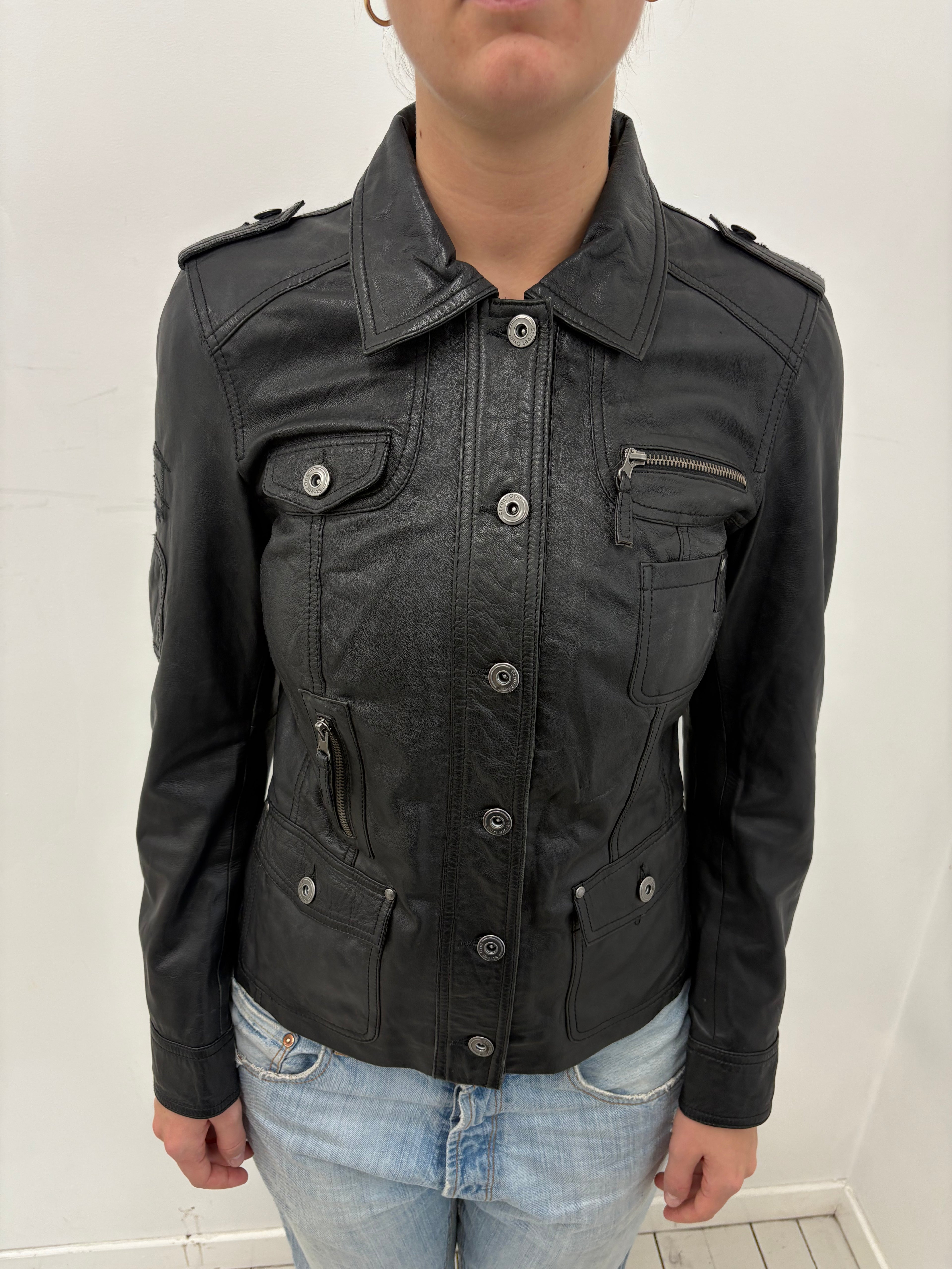 Black Leather Military Jacket Multi-Pocket Silver Snap