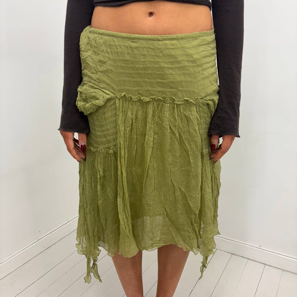 Olive Green Crinkle Midi Skirt