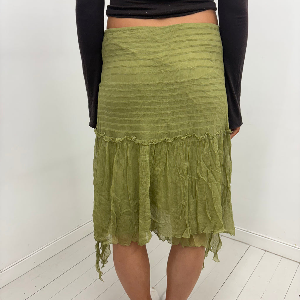 Olive Green Crinkle Midi Skirt