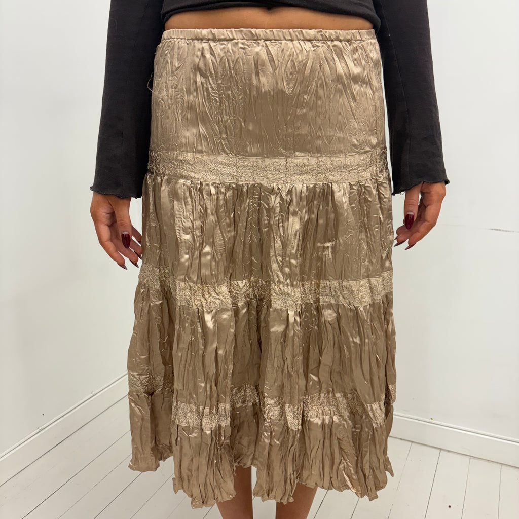 Champagne Satin Crinkle Midi Skirt