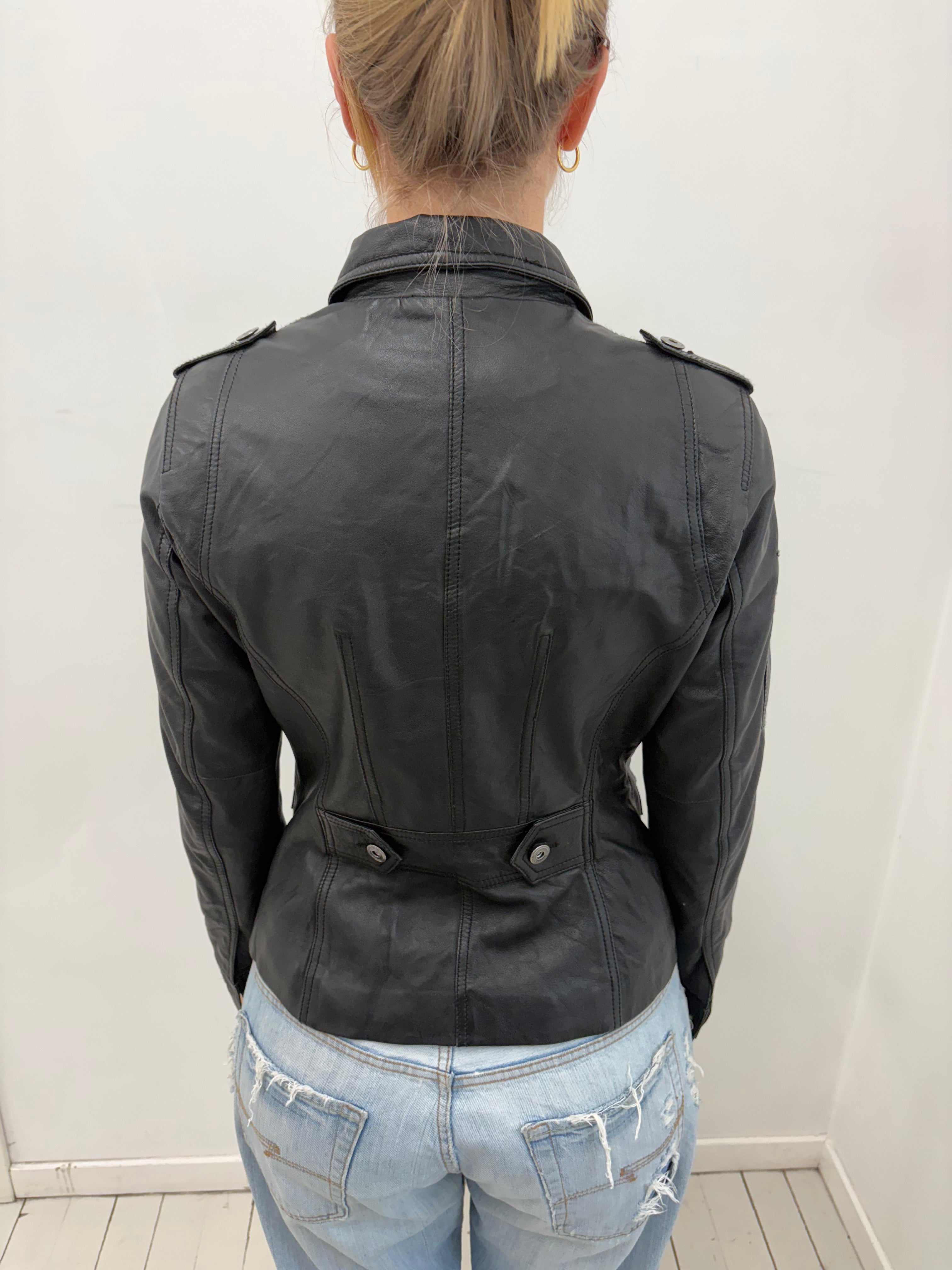 Black Leather Military Jacket Multi-Pocket Silver Snap