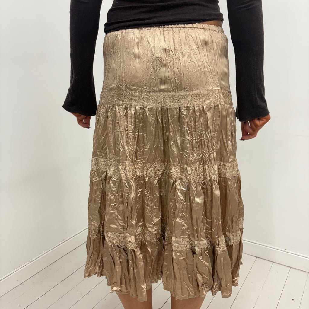 Champagne Satin Crinkle Midi Skirt