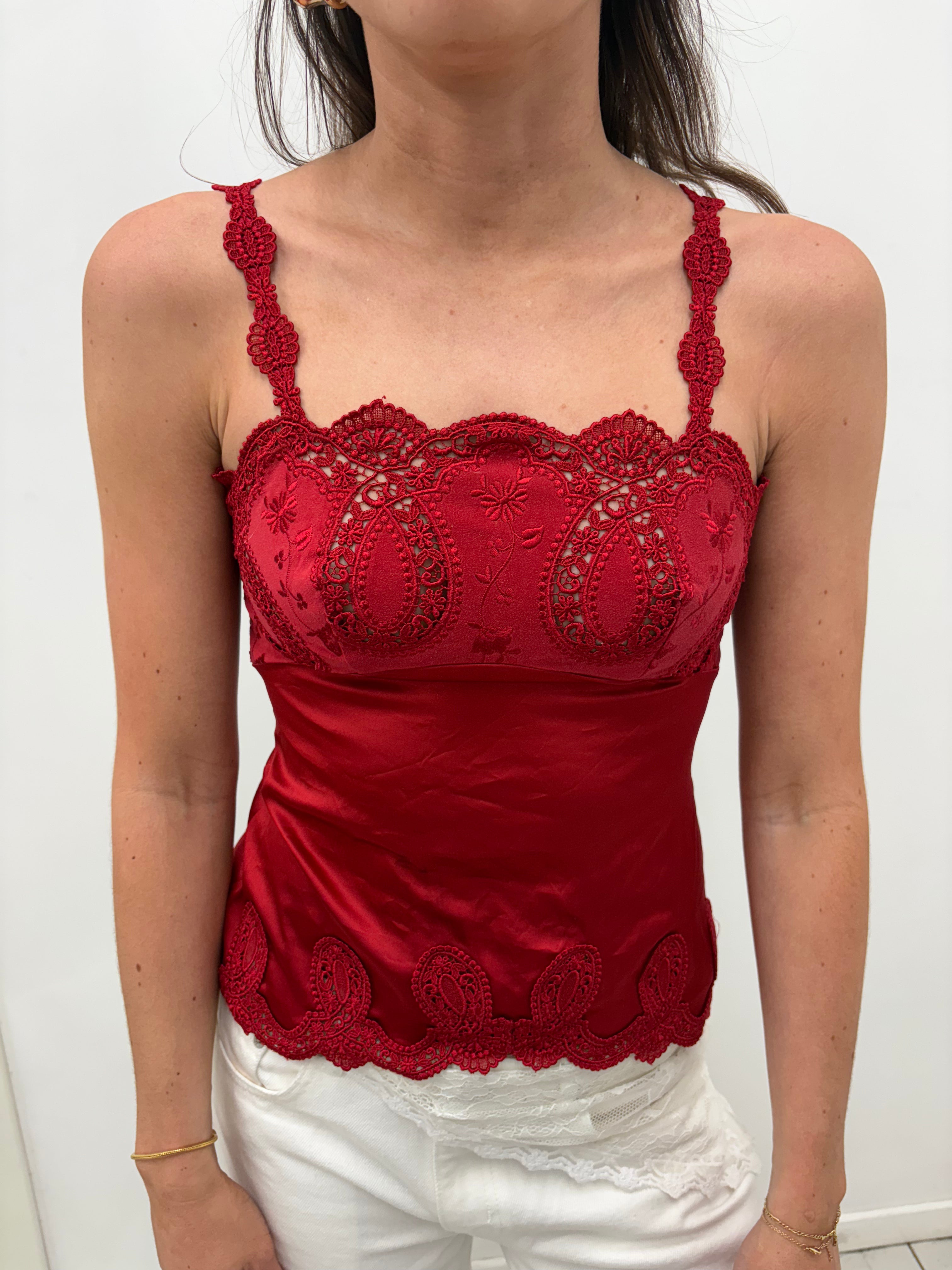 Red Satin Lace Y2K Camisole Top
