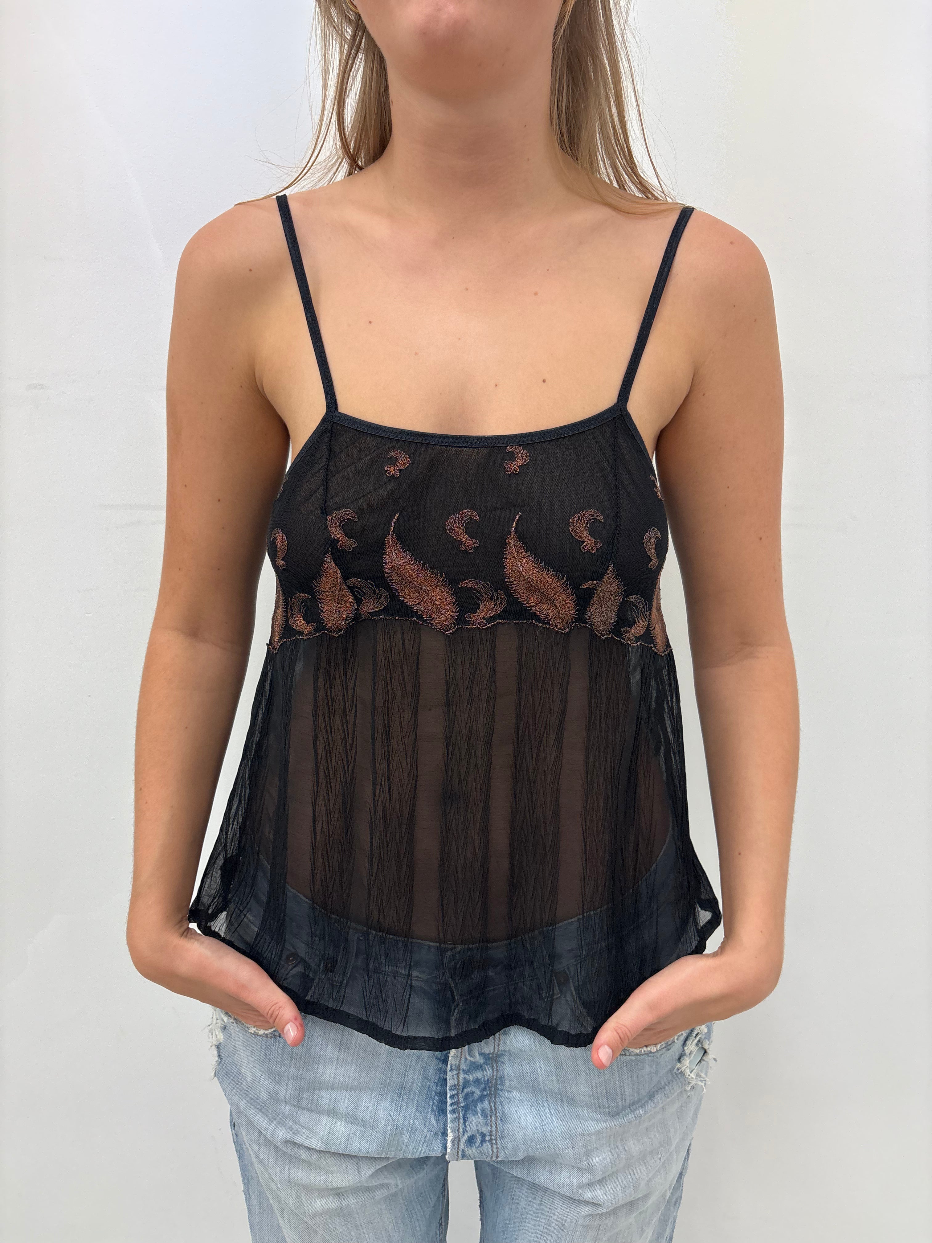 Black Sheer Embroidered Y2K Camisole Top