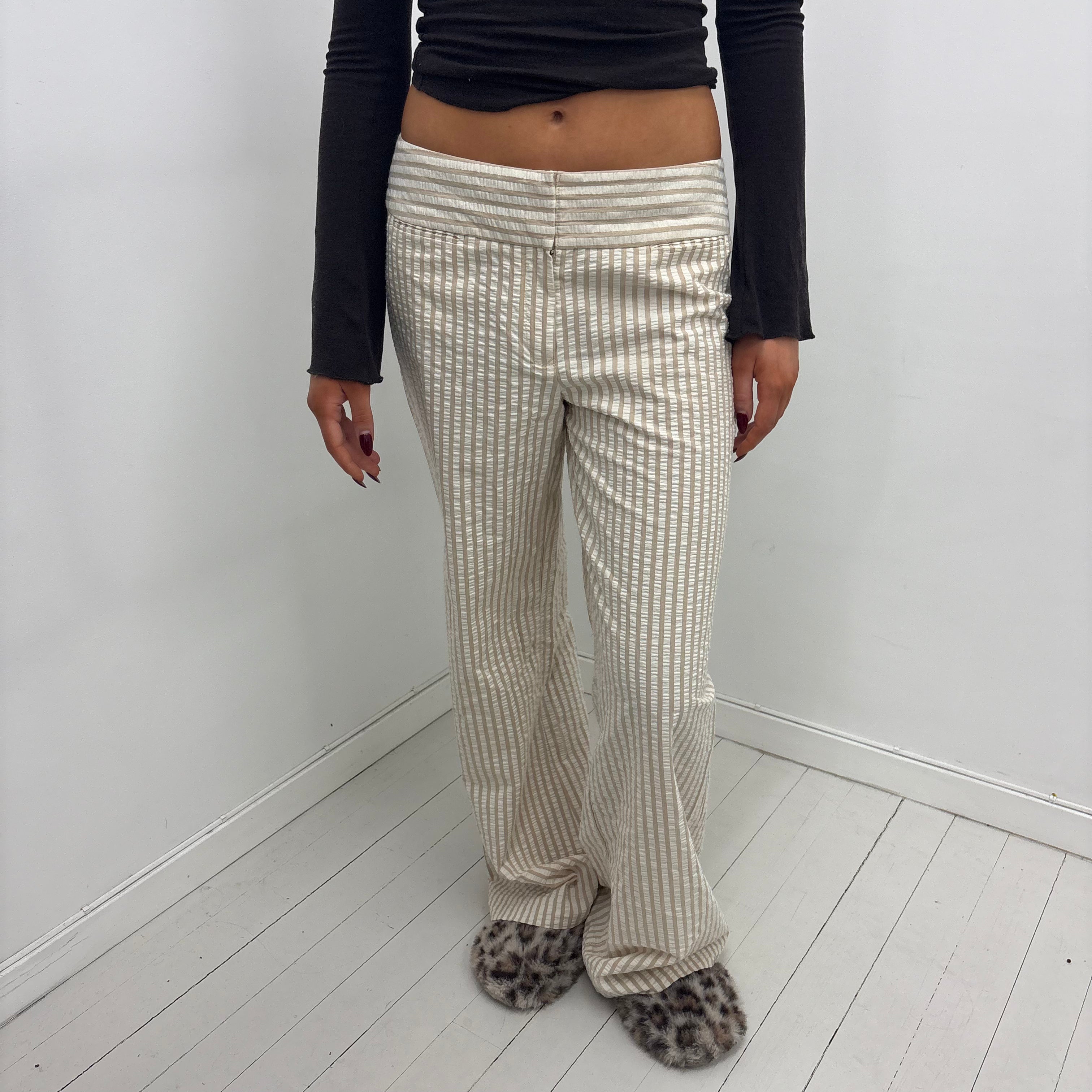 Beige Striped Low-Rise Pants