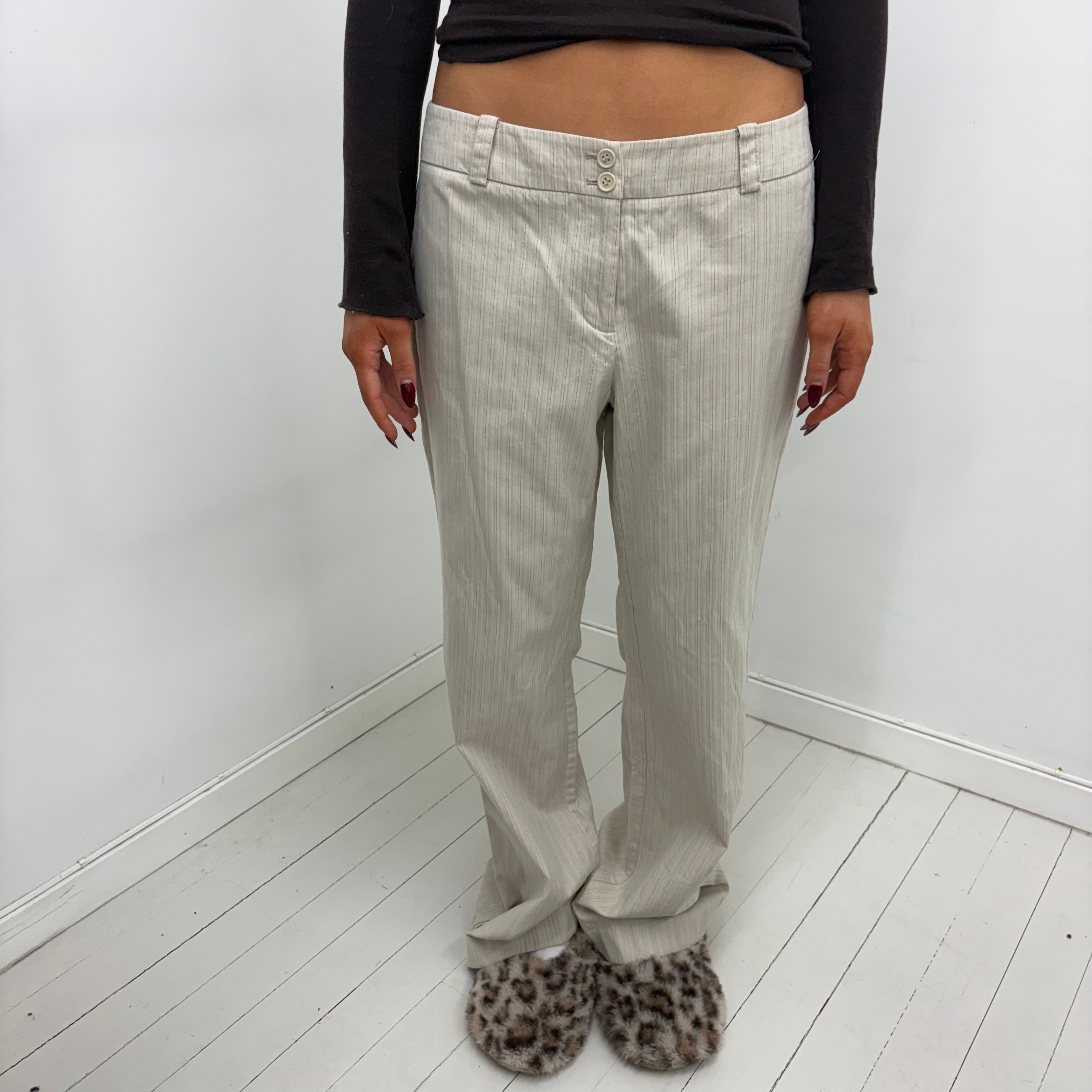 Cream Pinstripe Low-Rise Pants