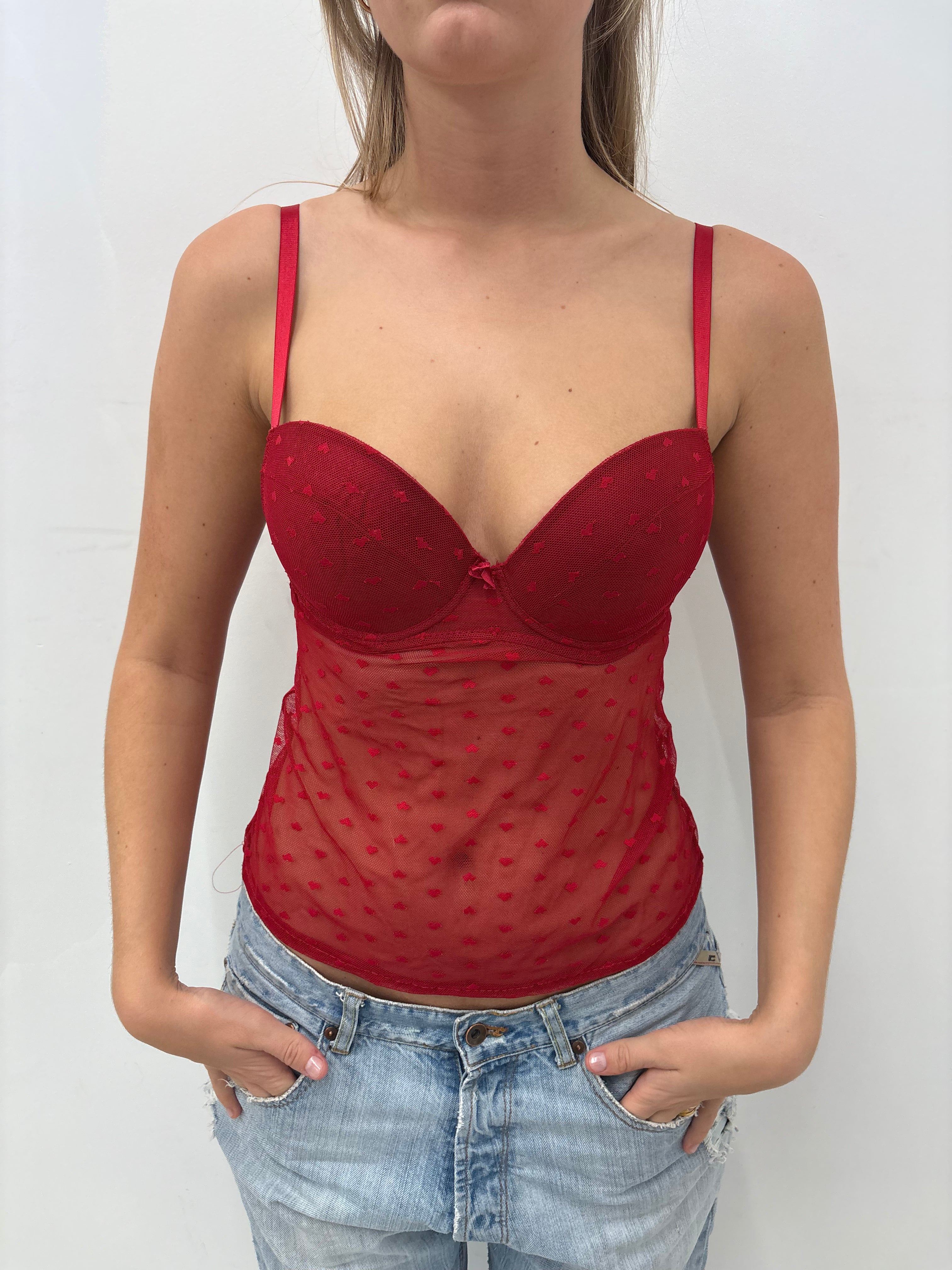 Red Heart Mesh Y2K Camisole Top