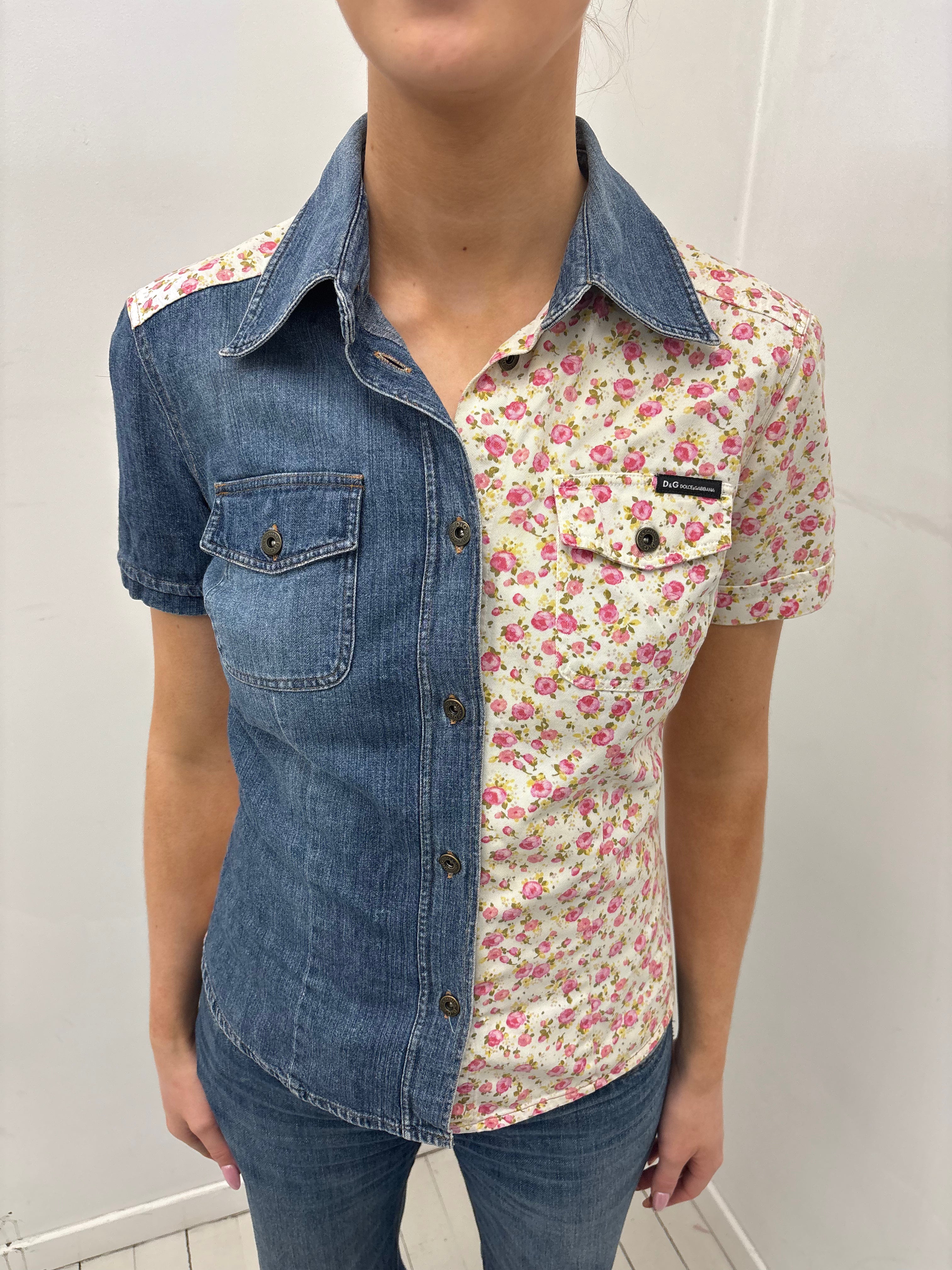 Dolce & Gabbana Y2K Patchwork Denim Floral Shirt