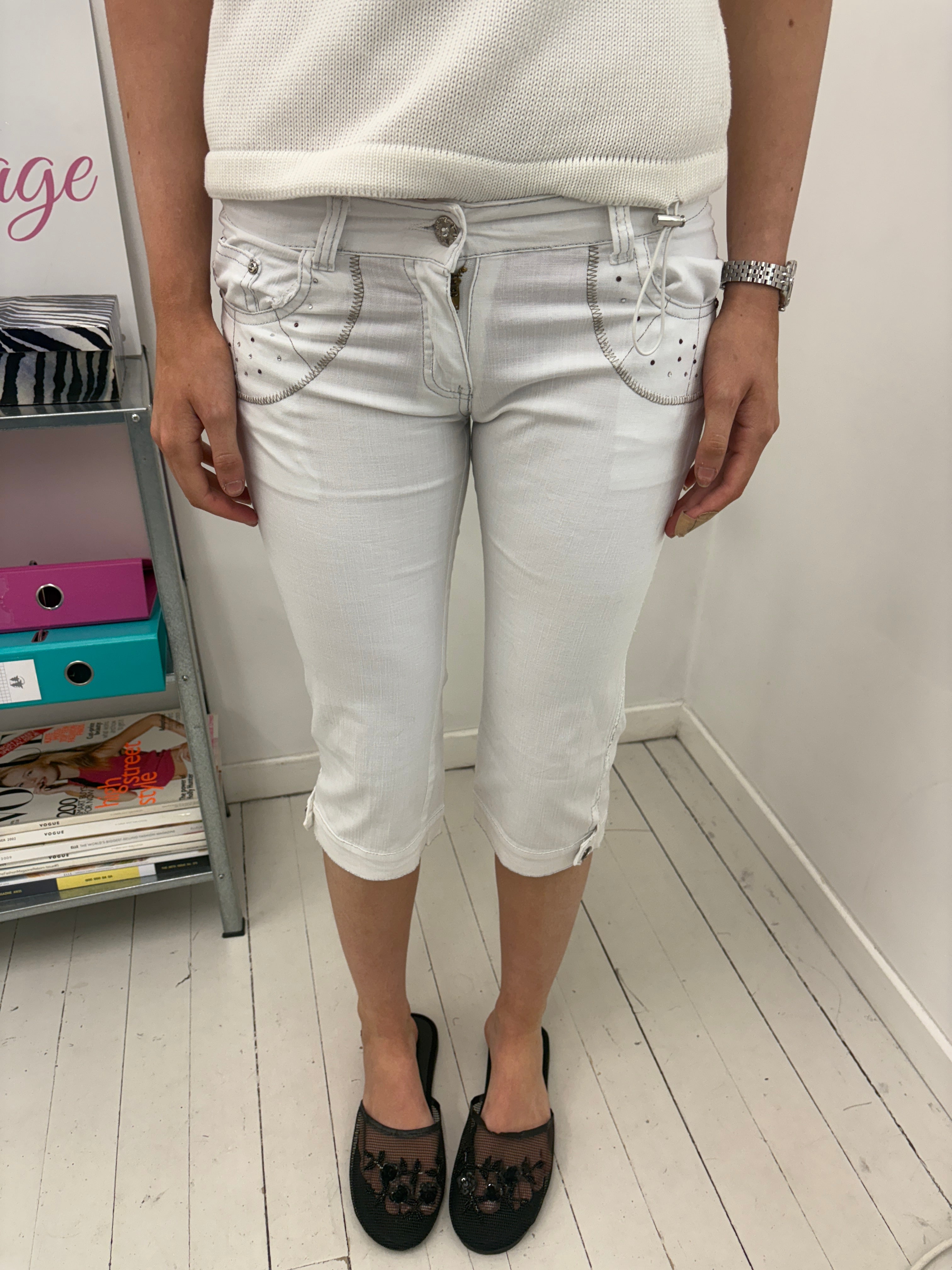 White Studded Capris with Rhinestone Pockets