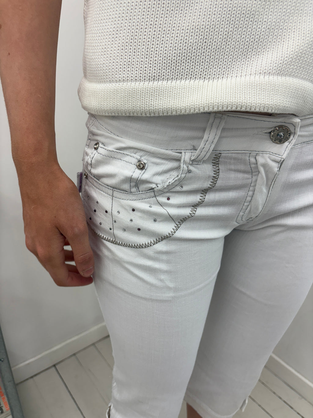 White Studded Capris with Rhinestone Pockets