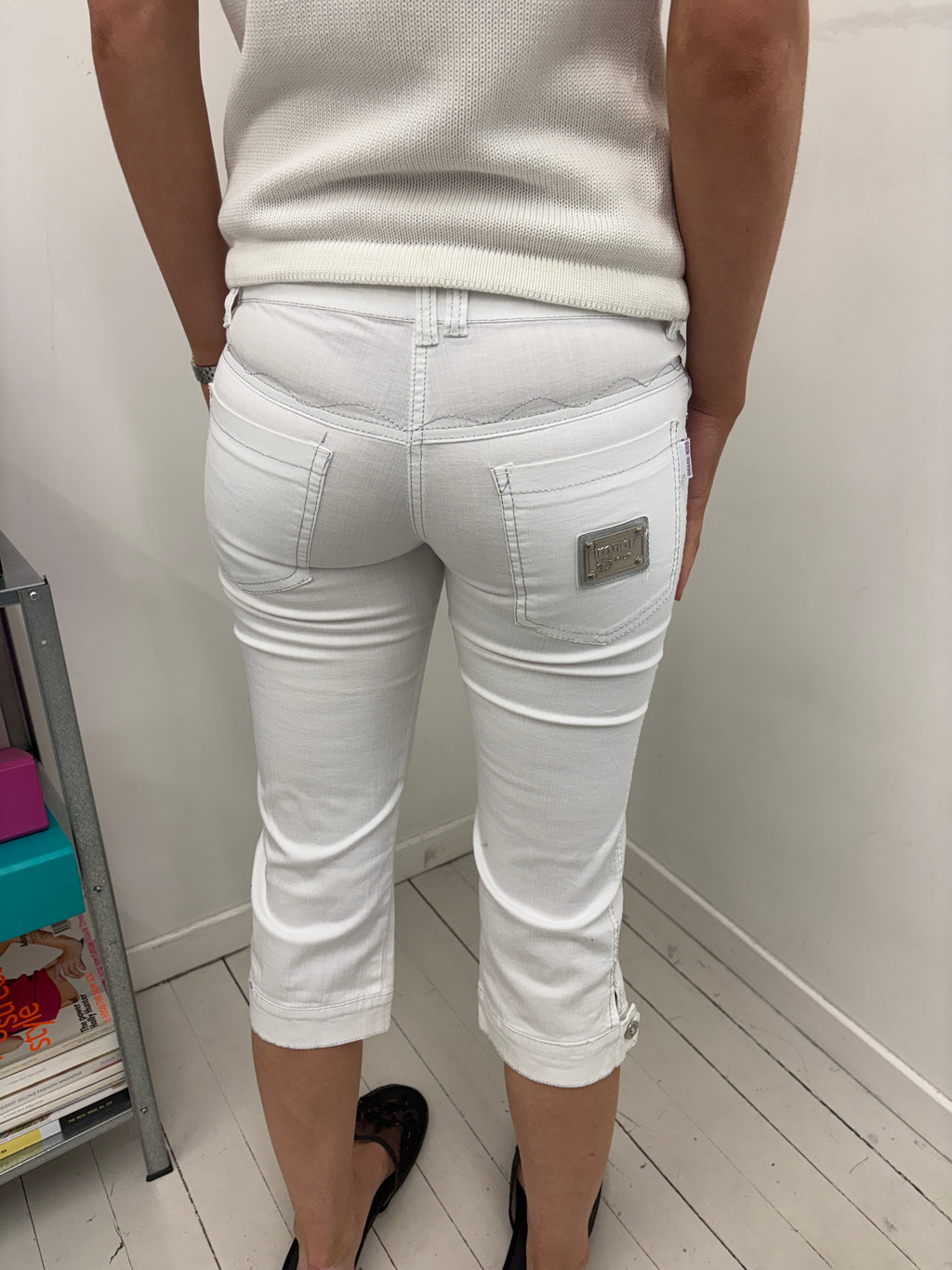 White Studded Capris with Rhinestone Pockets