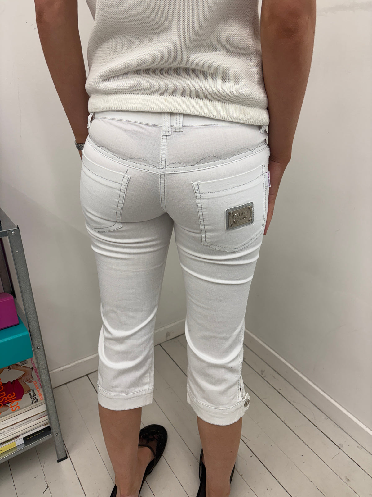 White Studded Capris with Rhinestone Pockets
