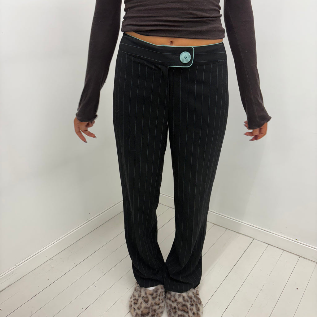 Black Pinstripe Pants with Mint Button