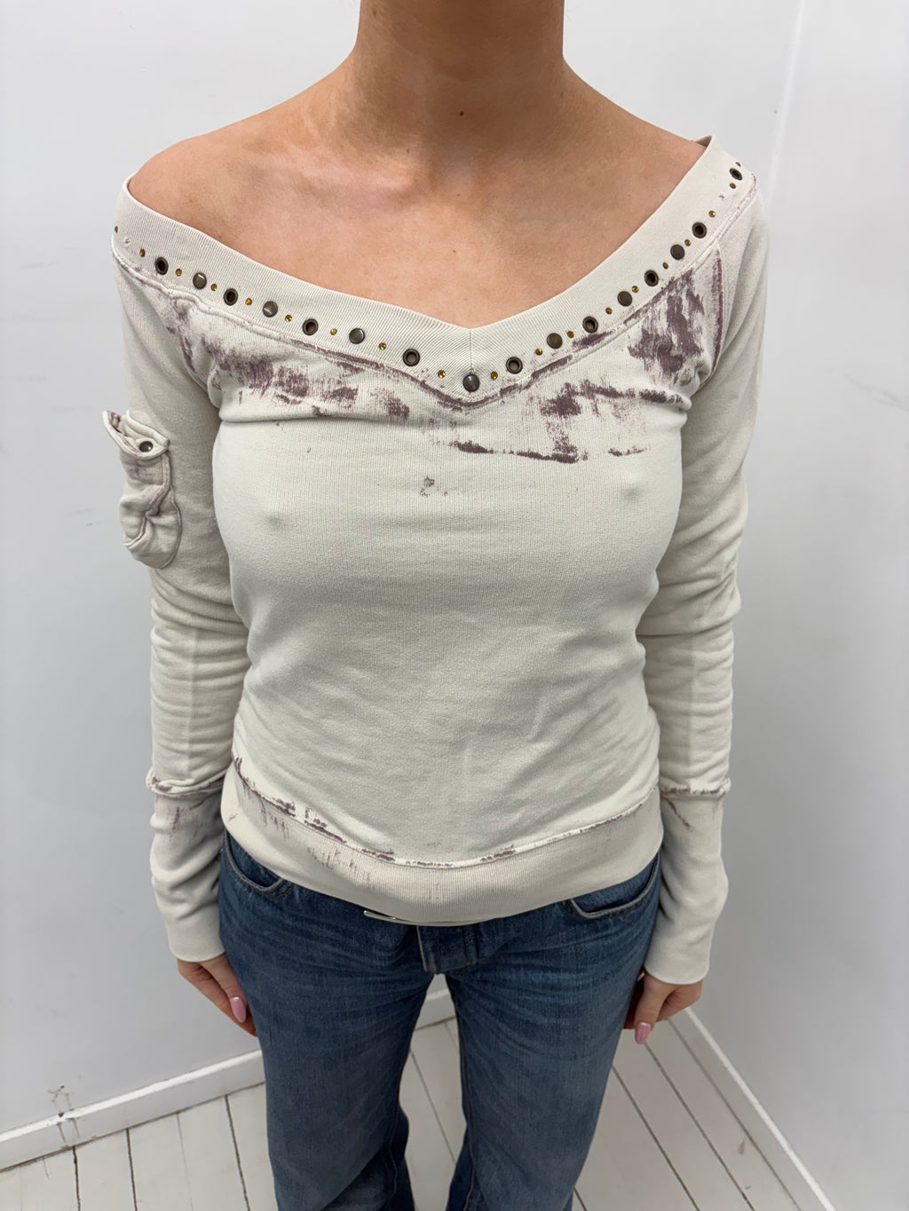 Y2K Cream Studded Distressed Off-Shoulder Top