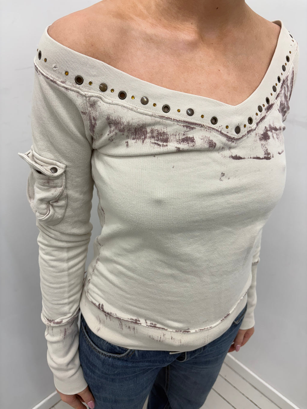 Y2K Cream Studded Distressed Off-Shoulder Top